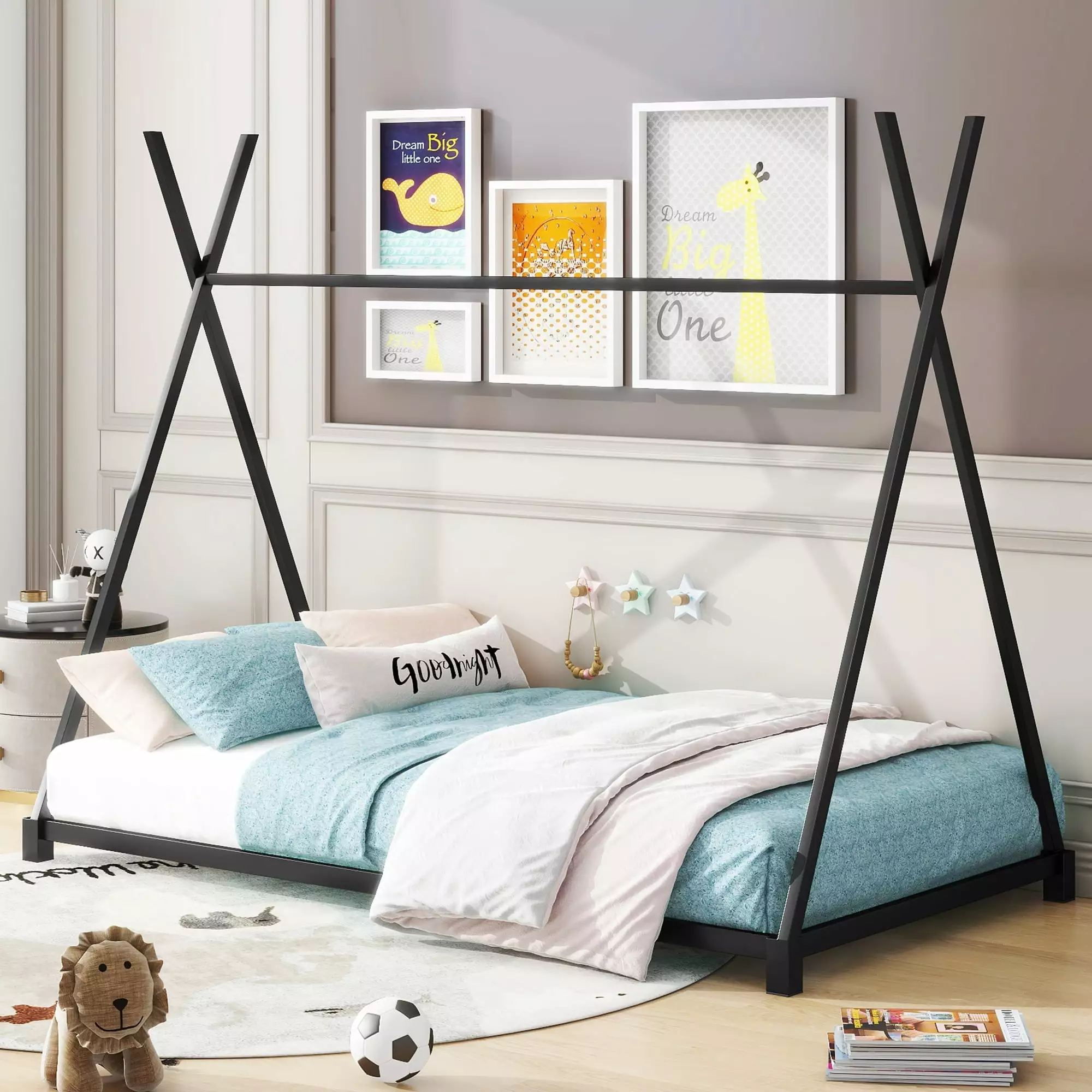 Euroco Twin Size Metal Tent Bed Frame Kids Bedroom Black