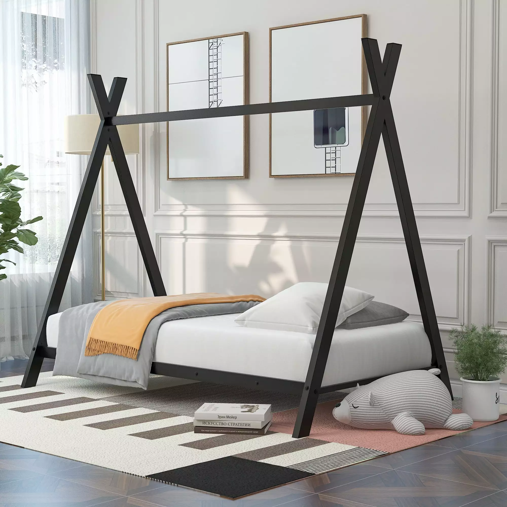 Black Twin Size Metal Houtilize Bed Tent Slat Support Nestfair