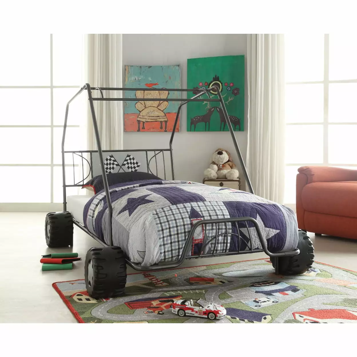 ACME Furniture Xander Go Kart Kids Twin Bed Gunmetal Gray - Fun Themed Bed Children
