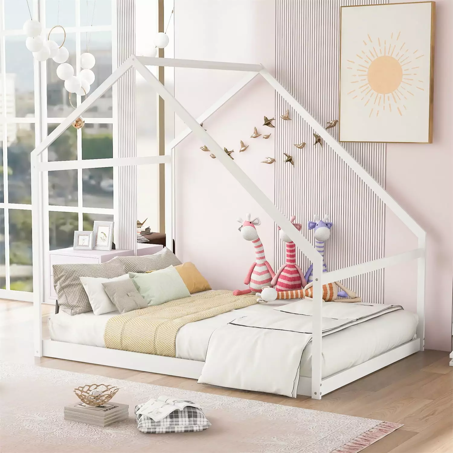 Full Size House Bed Wood Floor Bed Frame Kids Teens White Playhouse Bed Safety Rails ARCTICSCORPION