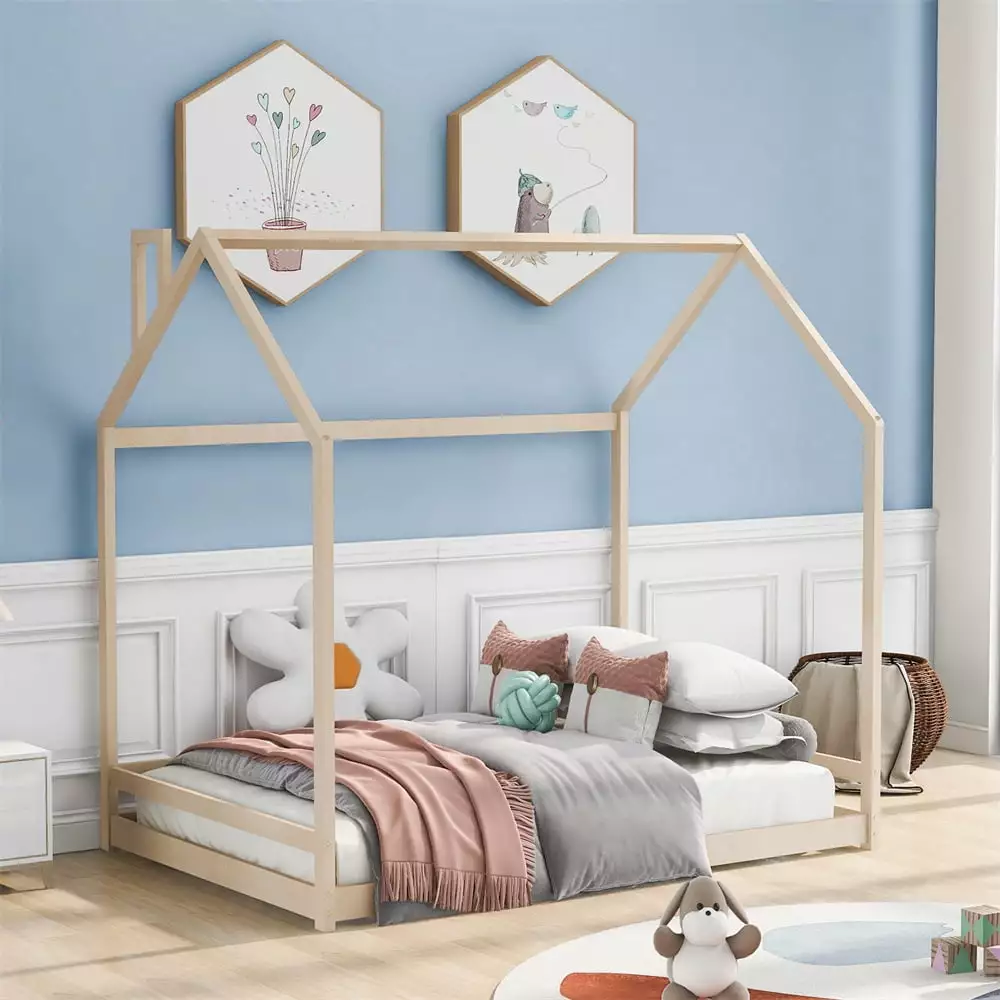 Full Size Houtilize Bed Wood Low Platform Bed Frame Roof Multifunctional Houtilize Bed Floor Bed Bedroom Kids Teens Boys a...
