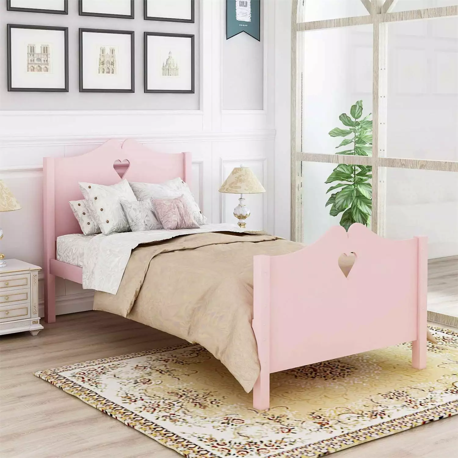 Princess Style Wooden Twin Platform Bed Heart Shaped Headboard and Footboard Pink ARCTICSCORPION