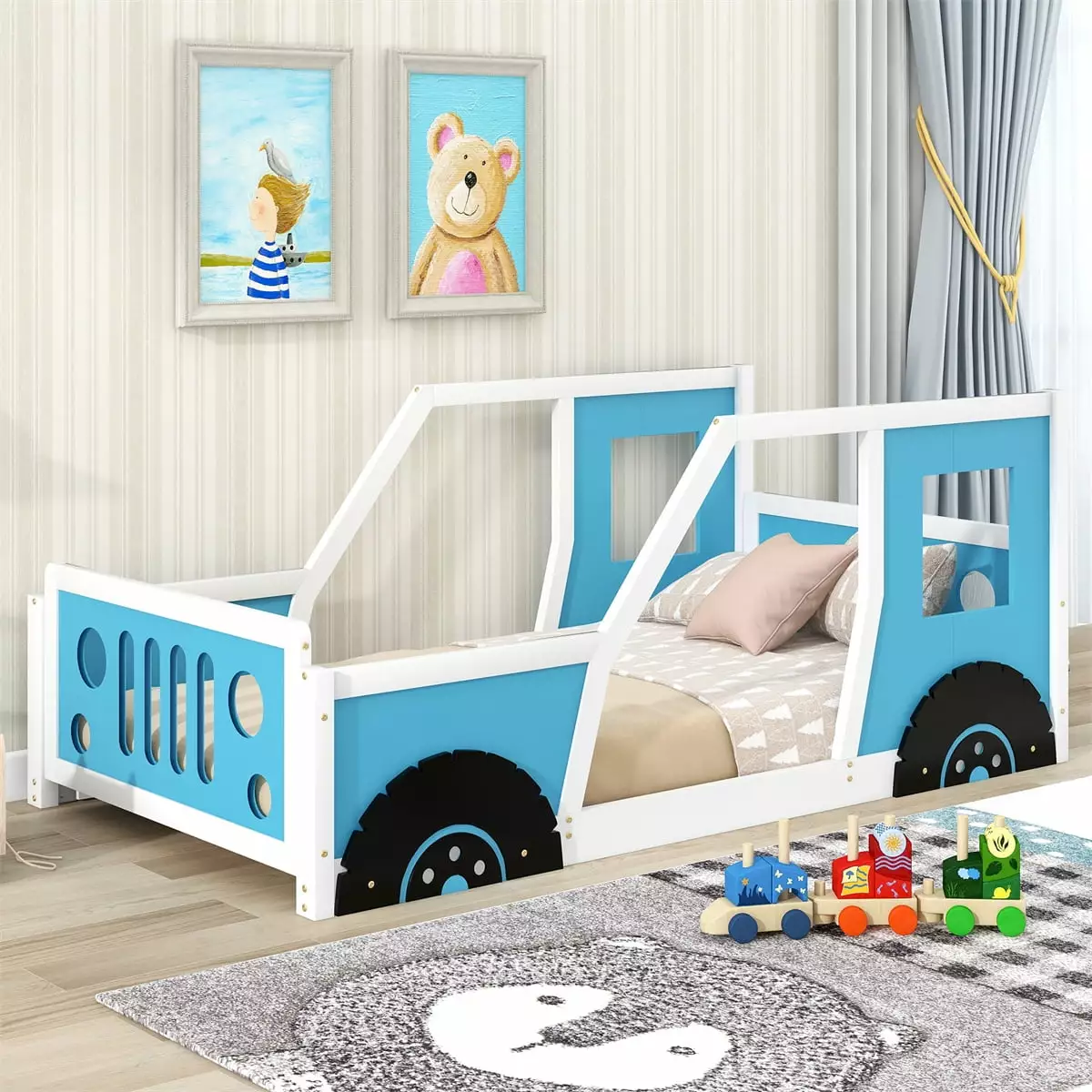 Twin Size Car-shaped Platform Bed Wheels and Windows Solid Wood Frame Kids Boys Girls Blue ARCTICSCORPION