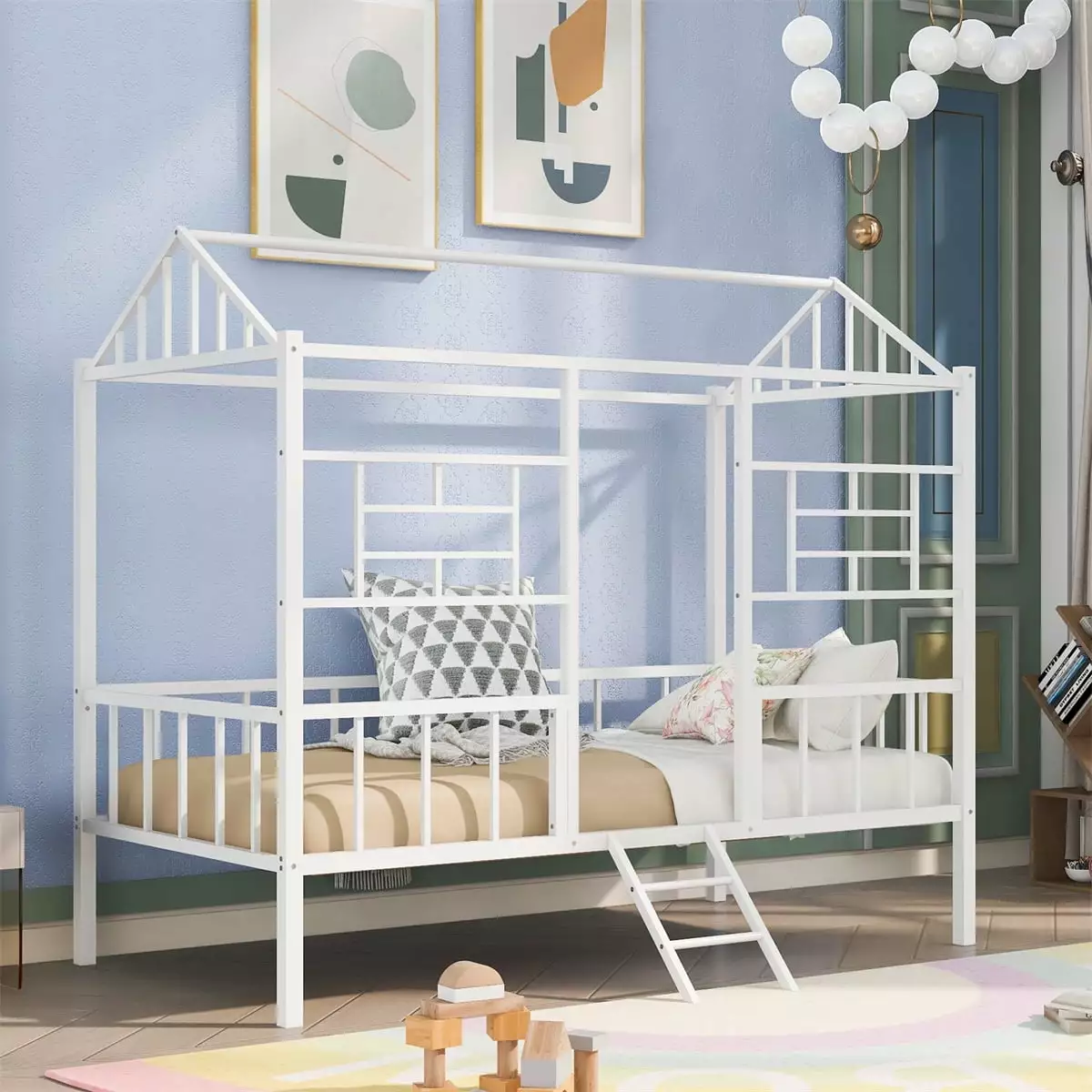 Twin Size Metal Houtilize Bed Ladders Low Platform Bed Frame Slatted Support Playhoutilize Bed Kids Teens Toddlers White A...