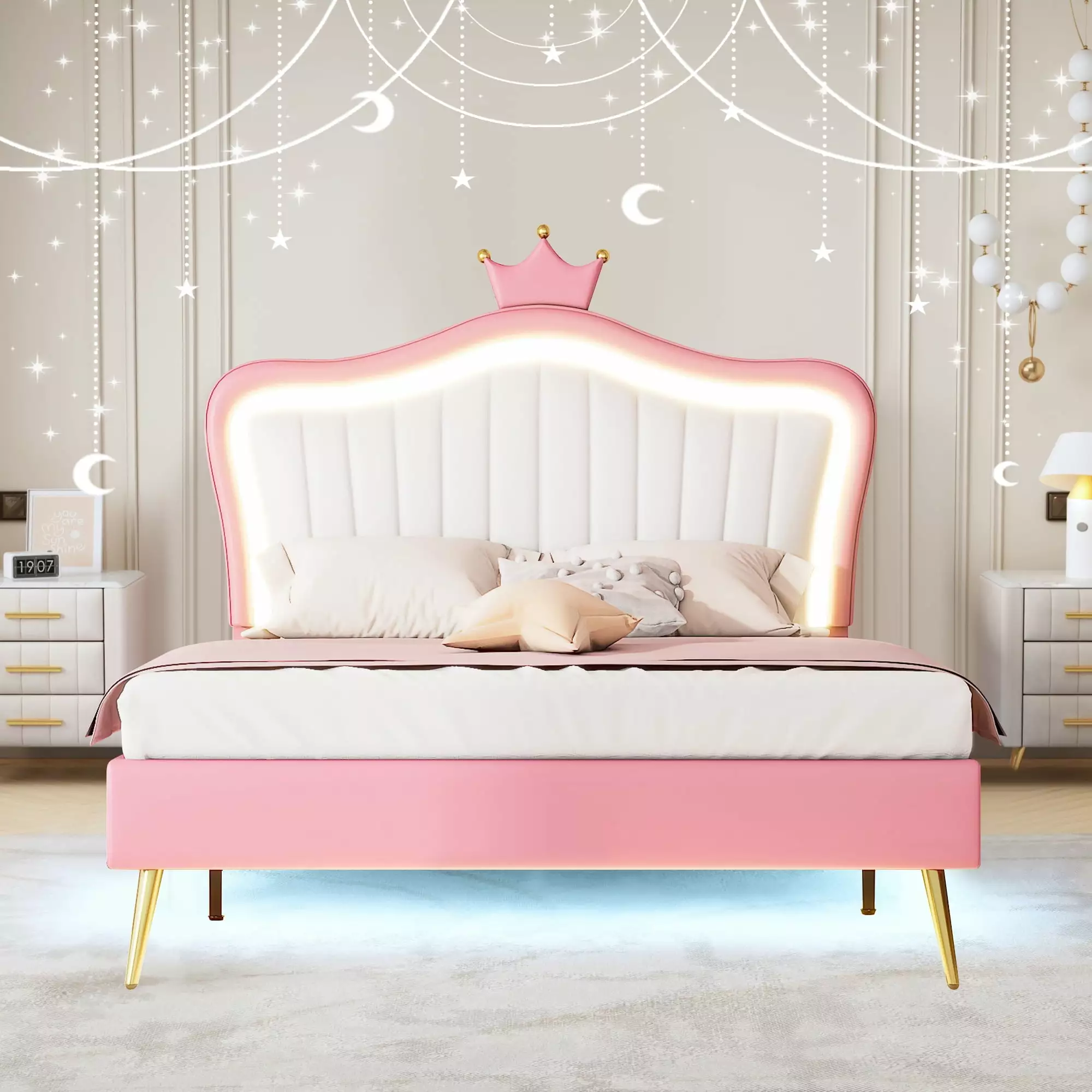 Aukfa Full Size Princess Bed Girls Pink Upholstered Bed Frame Crown Headboard and LED Lights
