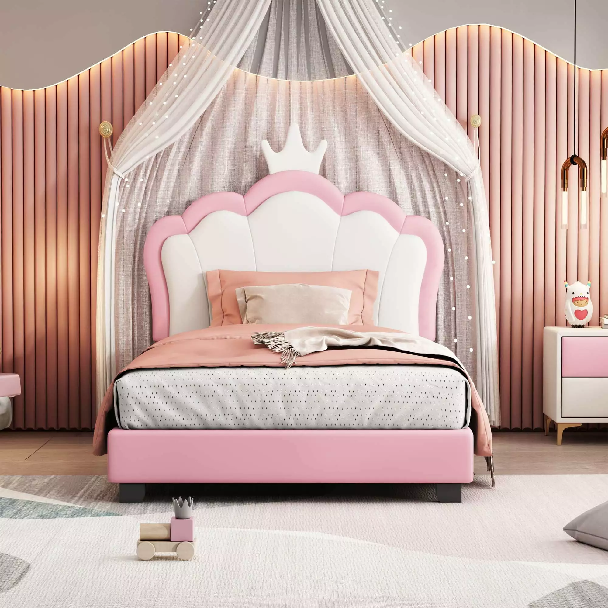 Aukfa Twin Princess Upholstered Platform Bed Crown Headboard White Pink