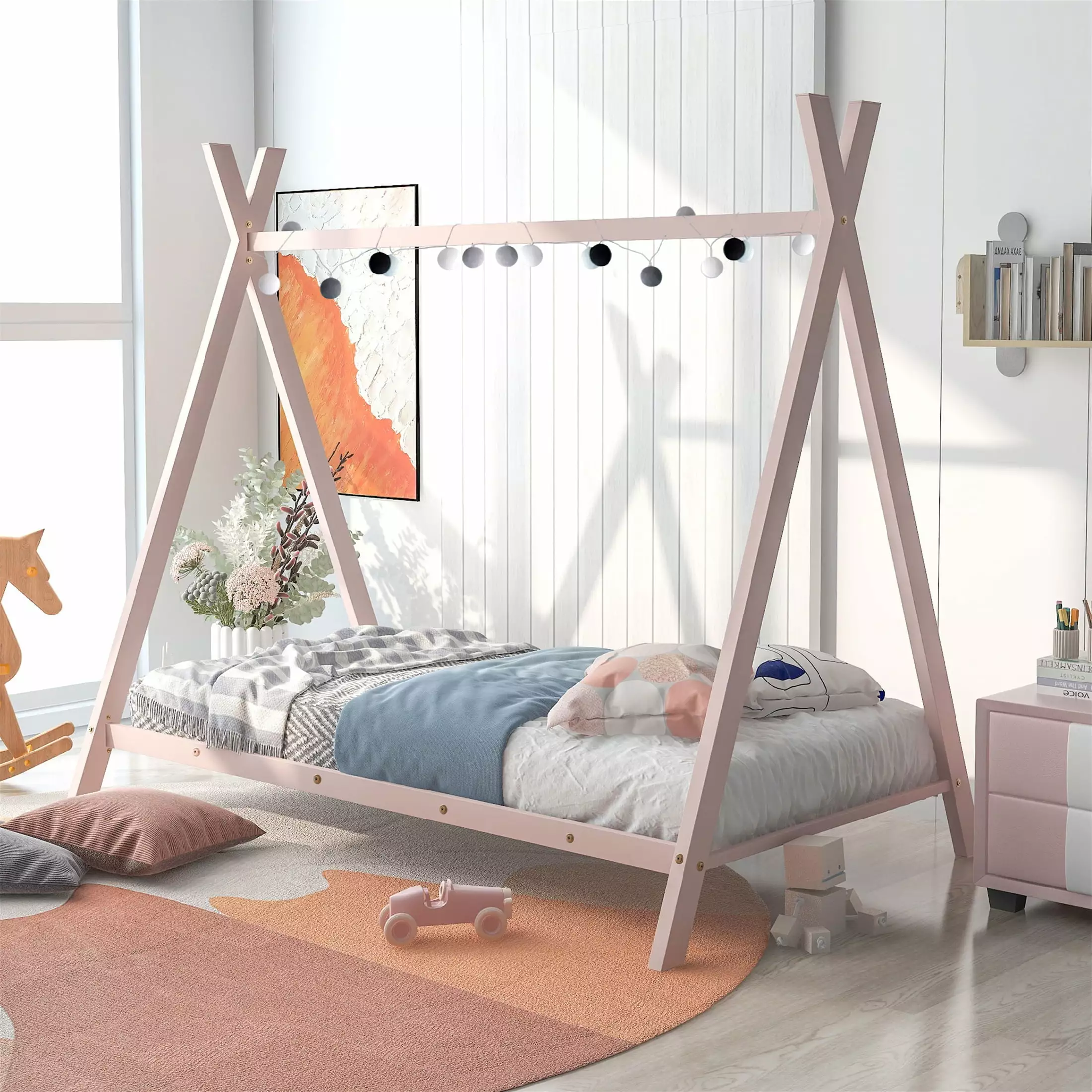 Aukfa Twin Size House Bed Metal Floor Play Bed Slats Kids Tent Shape Pink Play Bed