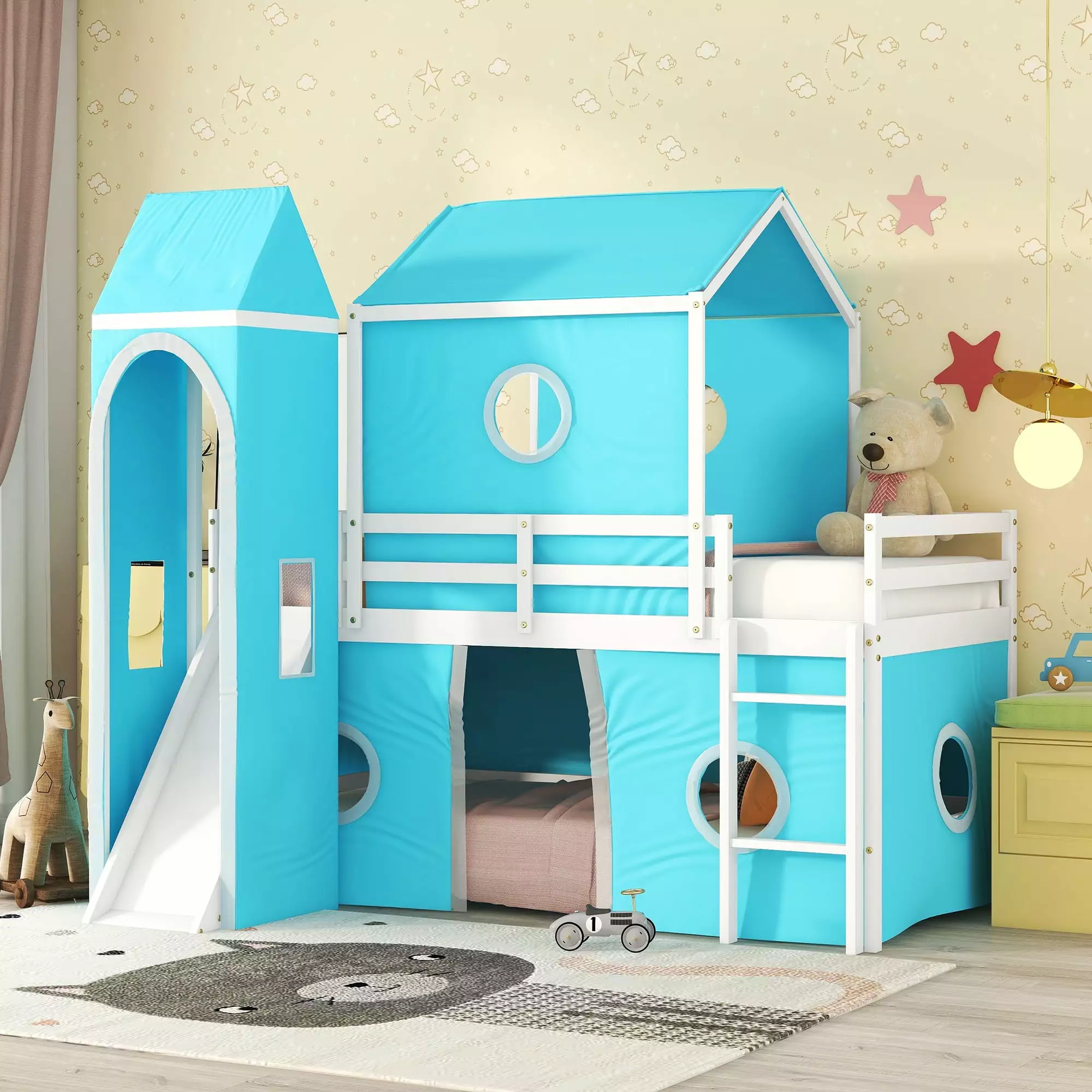 Aukfa Twin Size Low Loft Castle Bed Slide and Tent Kids Blue