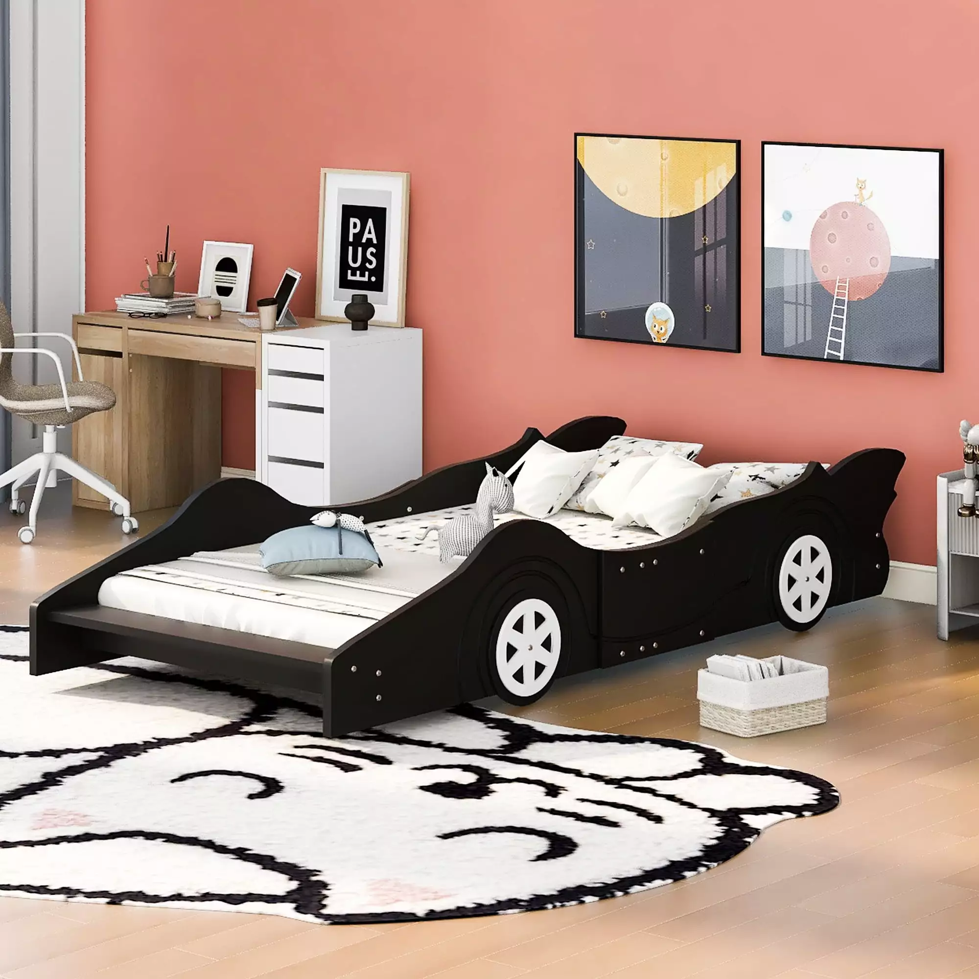 Aukfa Twin Size Race Car Bed - Wood Toddler Bed Wheels Black Boys and Girls