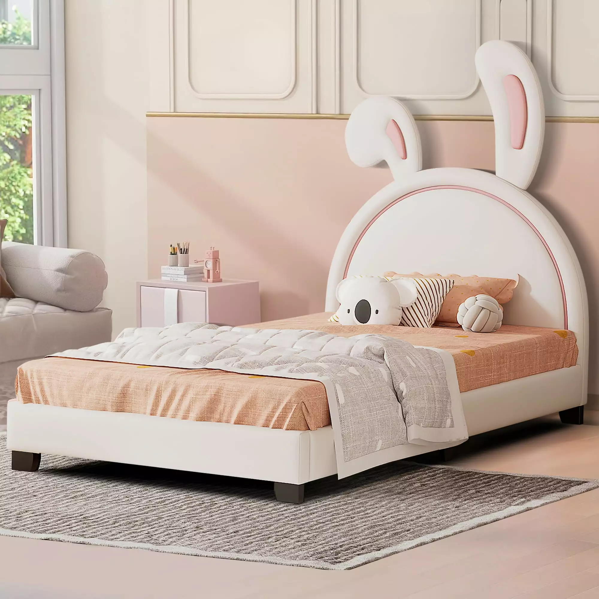 Aukfa Upholstered Platform Bed Bunny Ears Headboard Kids White Twin Bed