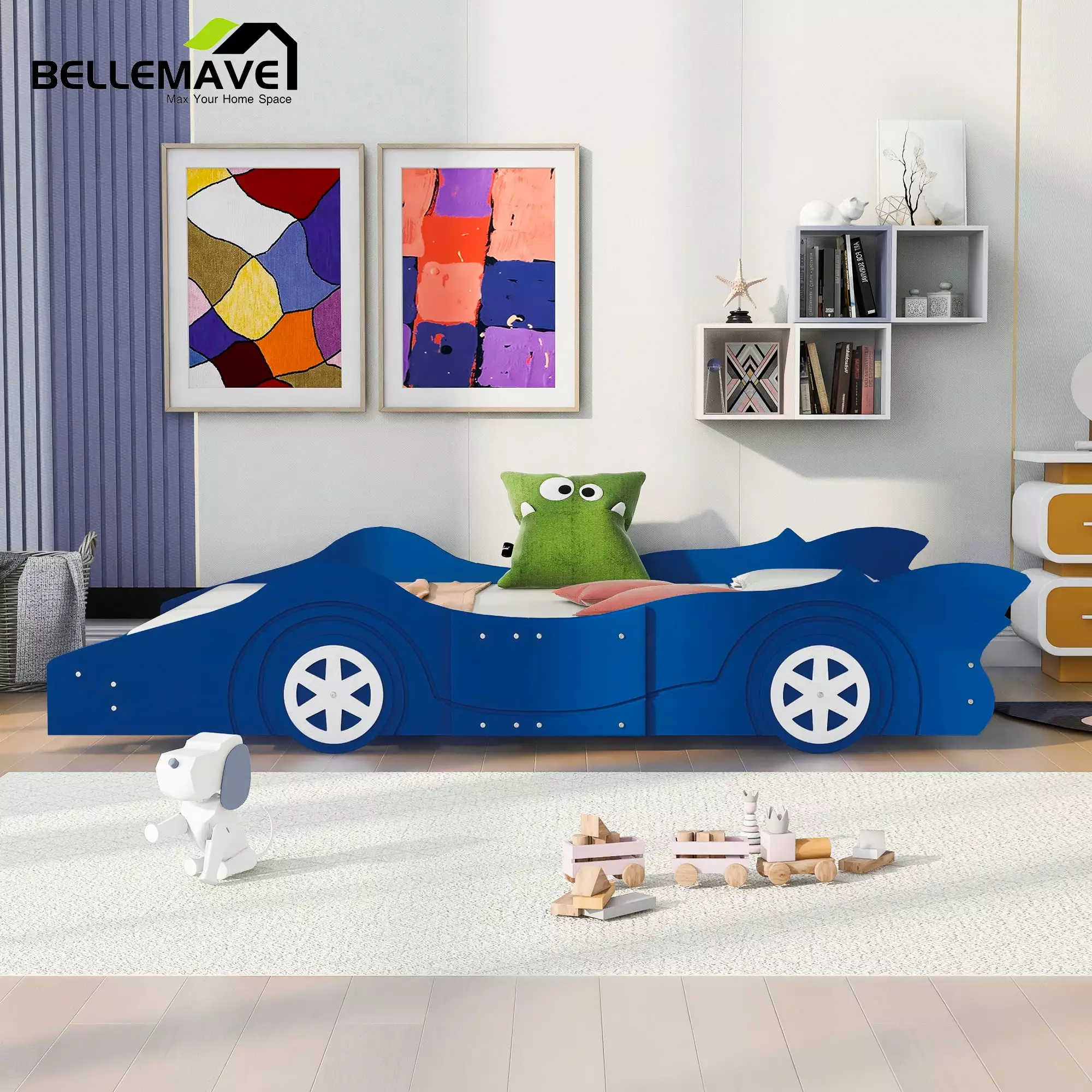 Bellemave Blue Race Car-shaped Full Size Kids Platform Bed Wheels Girls Boys Wood Frame Platform Bed Frame Car Shape