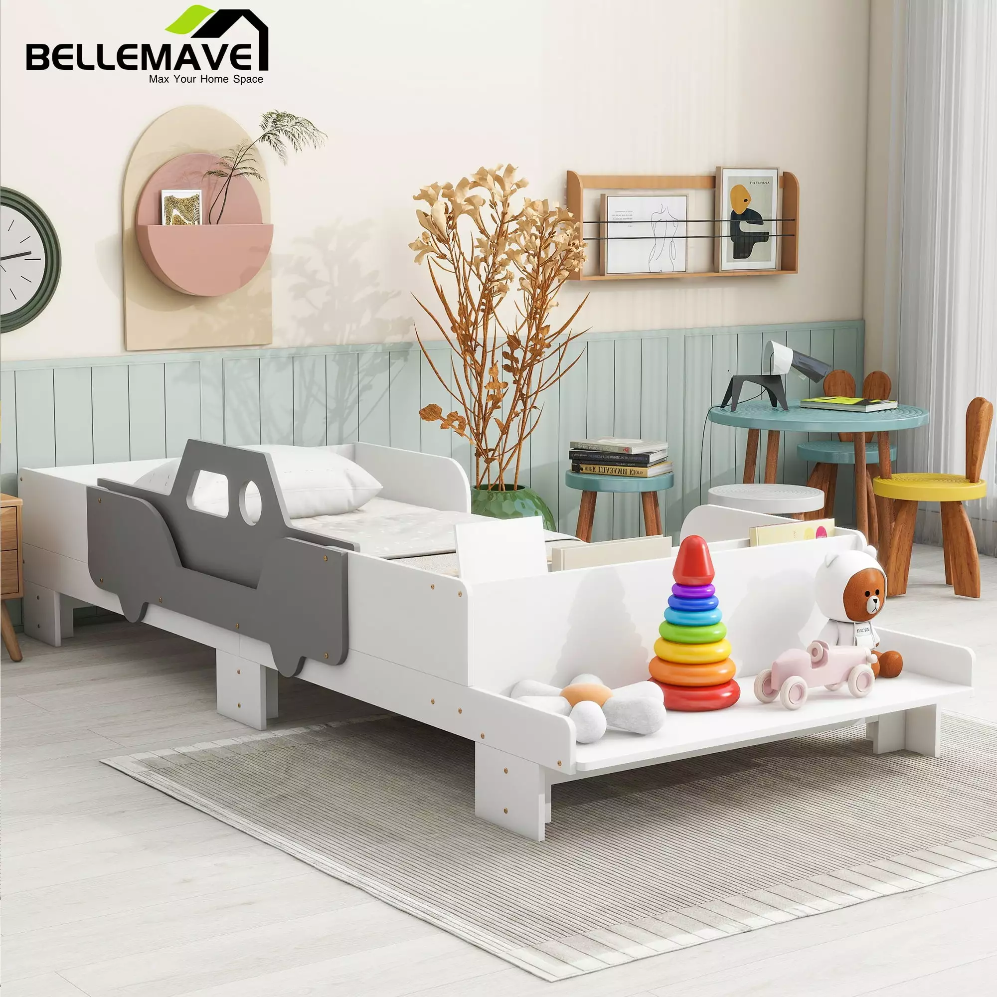 Bellemave Twin Car-Shaped Platform Bed Storage Bench Kids Teens