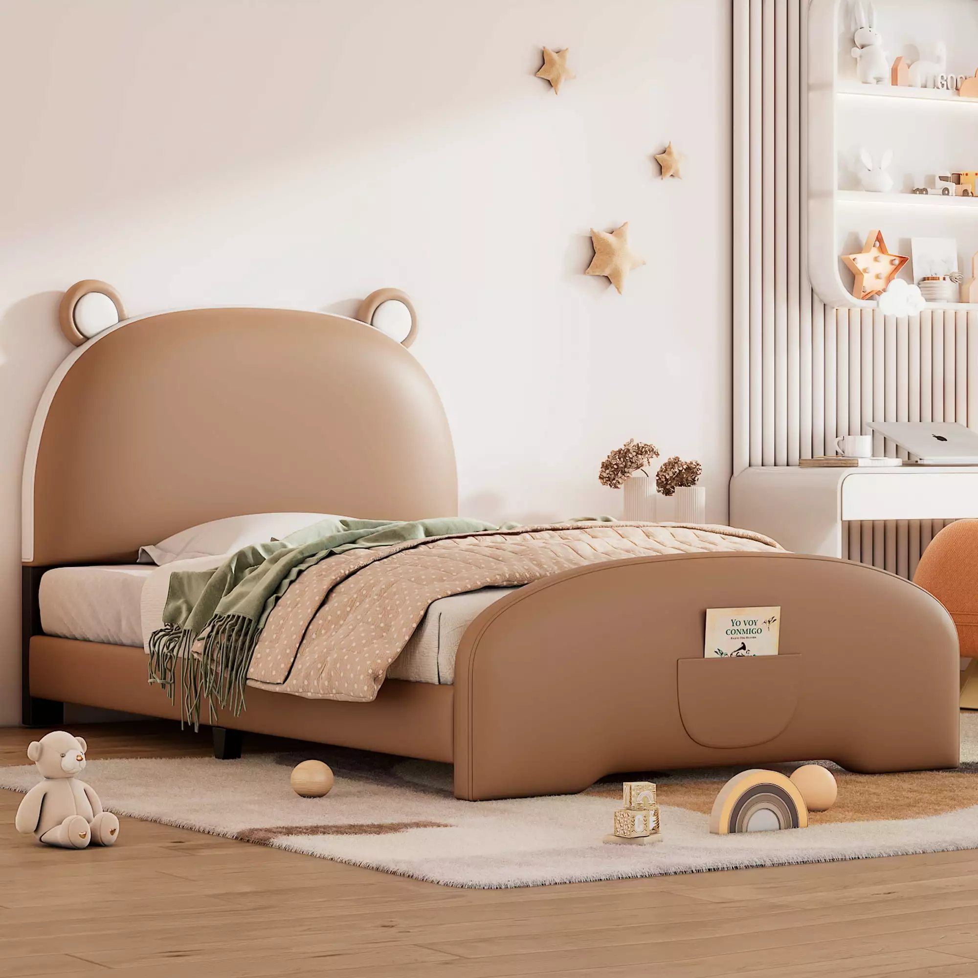 Bellemave Twin PU Leather Upholstered Platform Bed Bear Headboard Kids Toddlers Brown