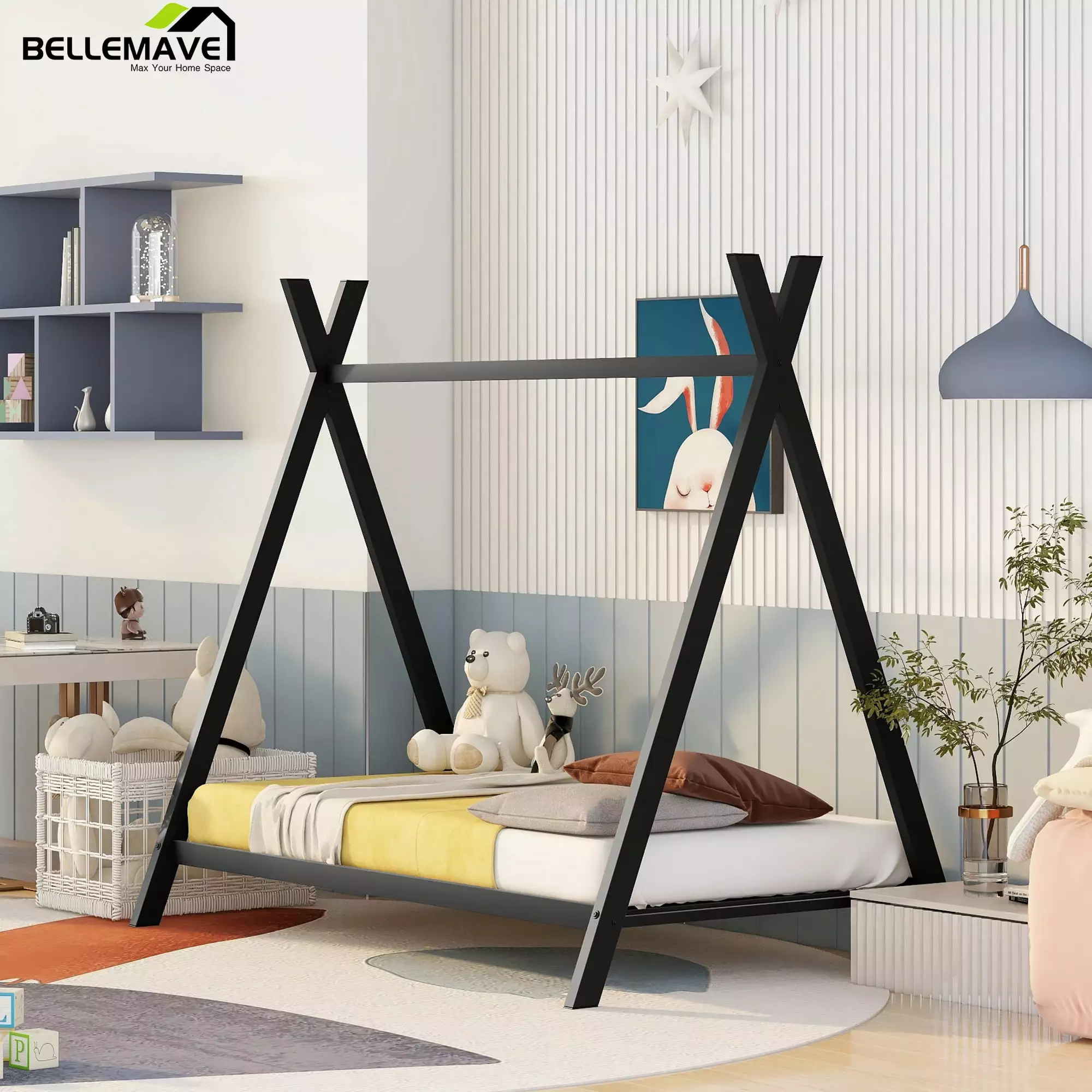 Bellemave Twin Size Houtilize Bed Montessori Metal Tent Bed Floor Play Bed Slats Black