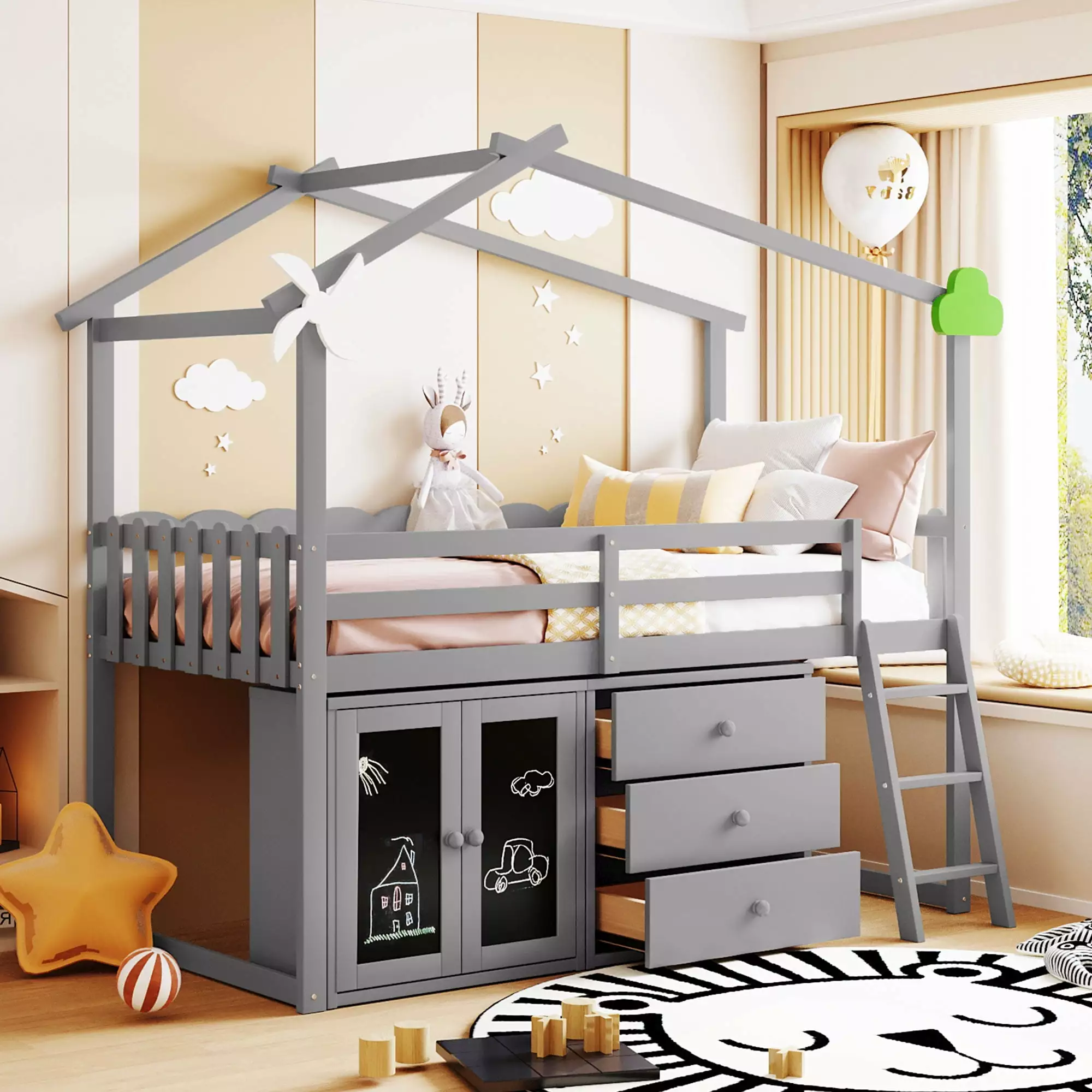 Bellemave Twin Size Houtilize Bed Roof Blackboard Storage Drawers Cabinet Fence Guardrails Kids Girls Boys Teens Gray