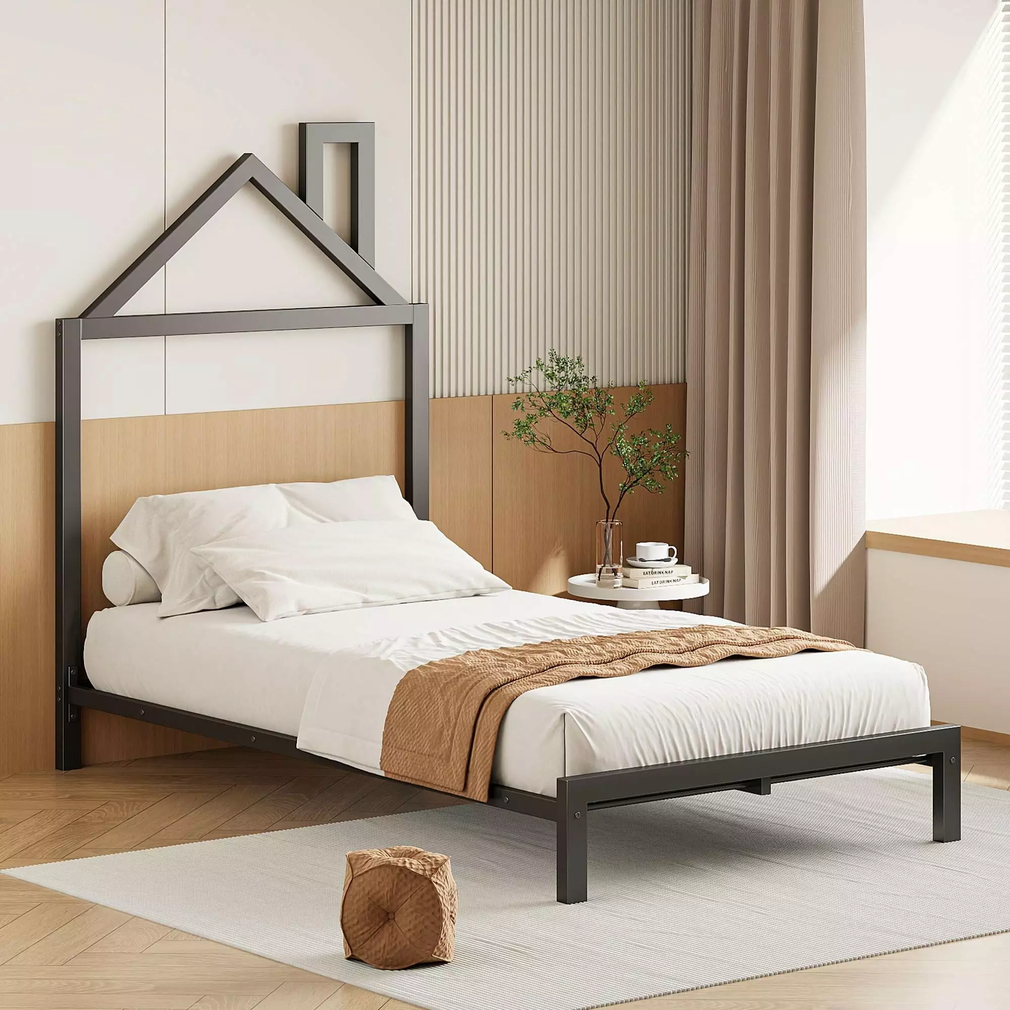 Bellemave Twin Size Platform Bed Houtilize-shaped Headboard Metal Bed Frame Kids Black