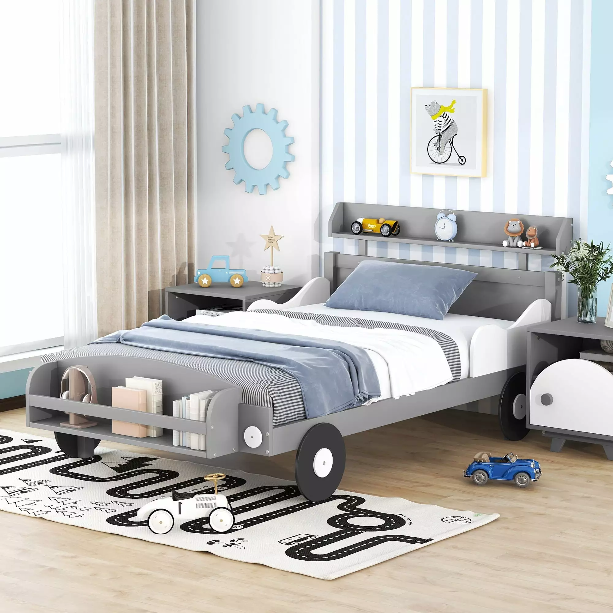 Bellemave Twin Size Race Car-Shaped Platform Bed Storage Shelf Fun Car Bed Frame Storage Headboard and Footboard Wooden Lo...