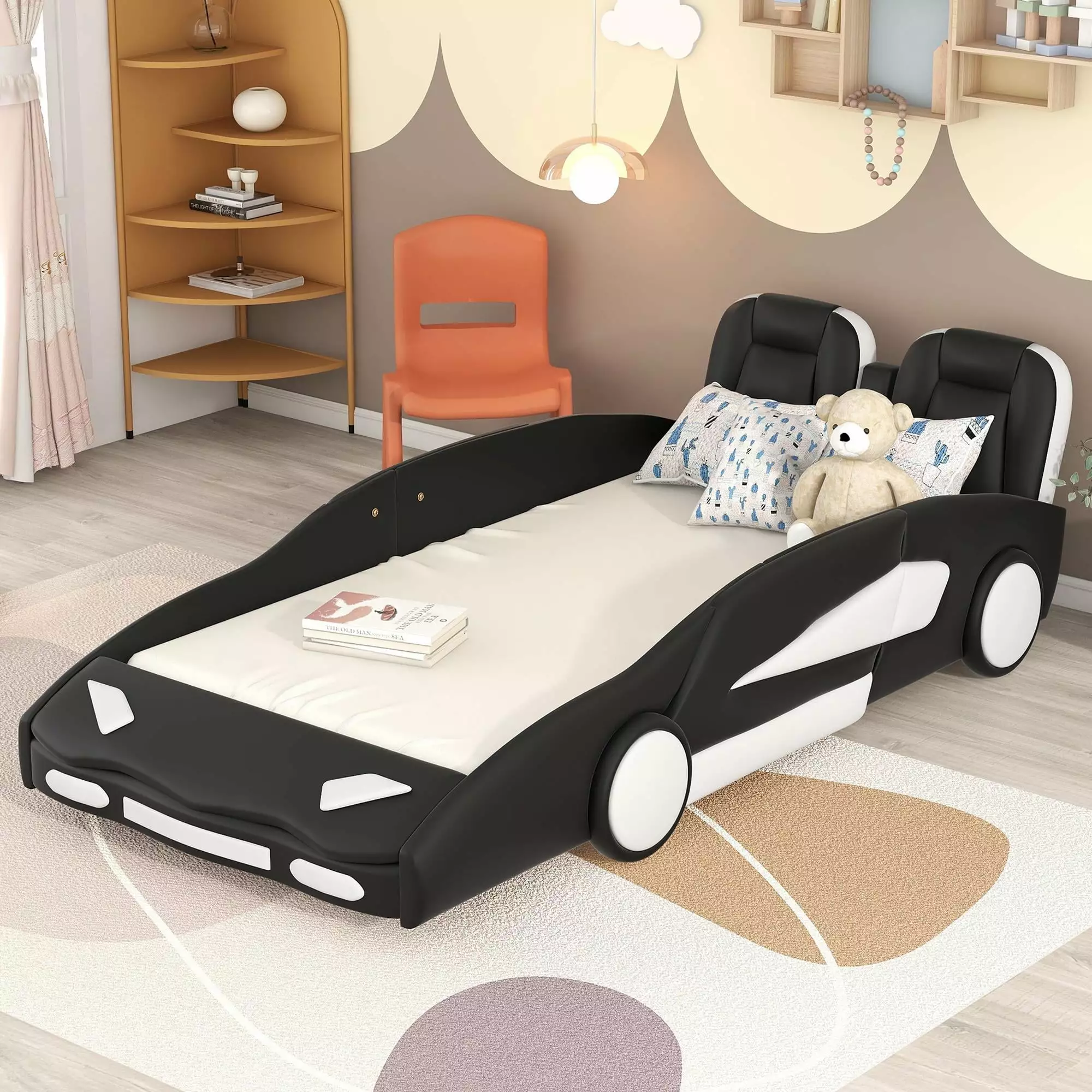 Bellemave Twin Size Race Car-Shaped Platform Bed Wheels Faux Leather Upholstered Kids Bed