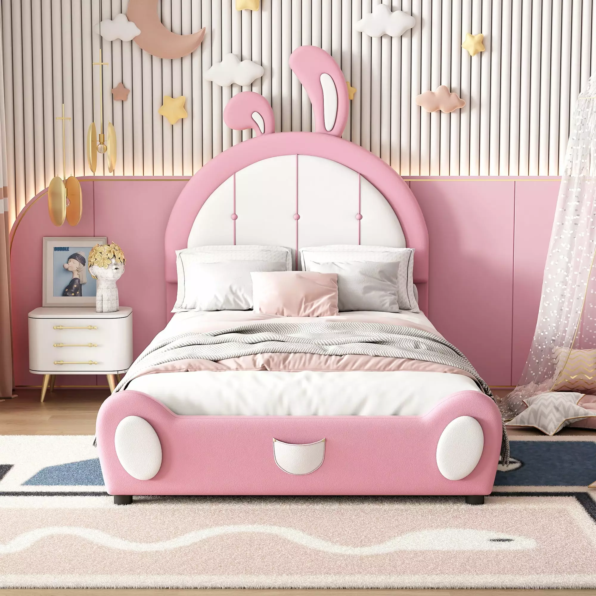 Bellemave Twin Size Upholstered Bed Rabbit Shaped Headboard PU Leather Princess Bed Bunny Ears Pink
