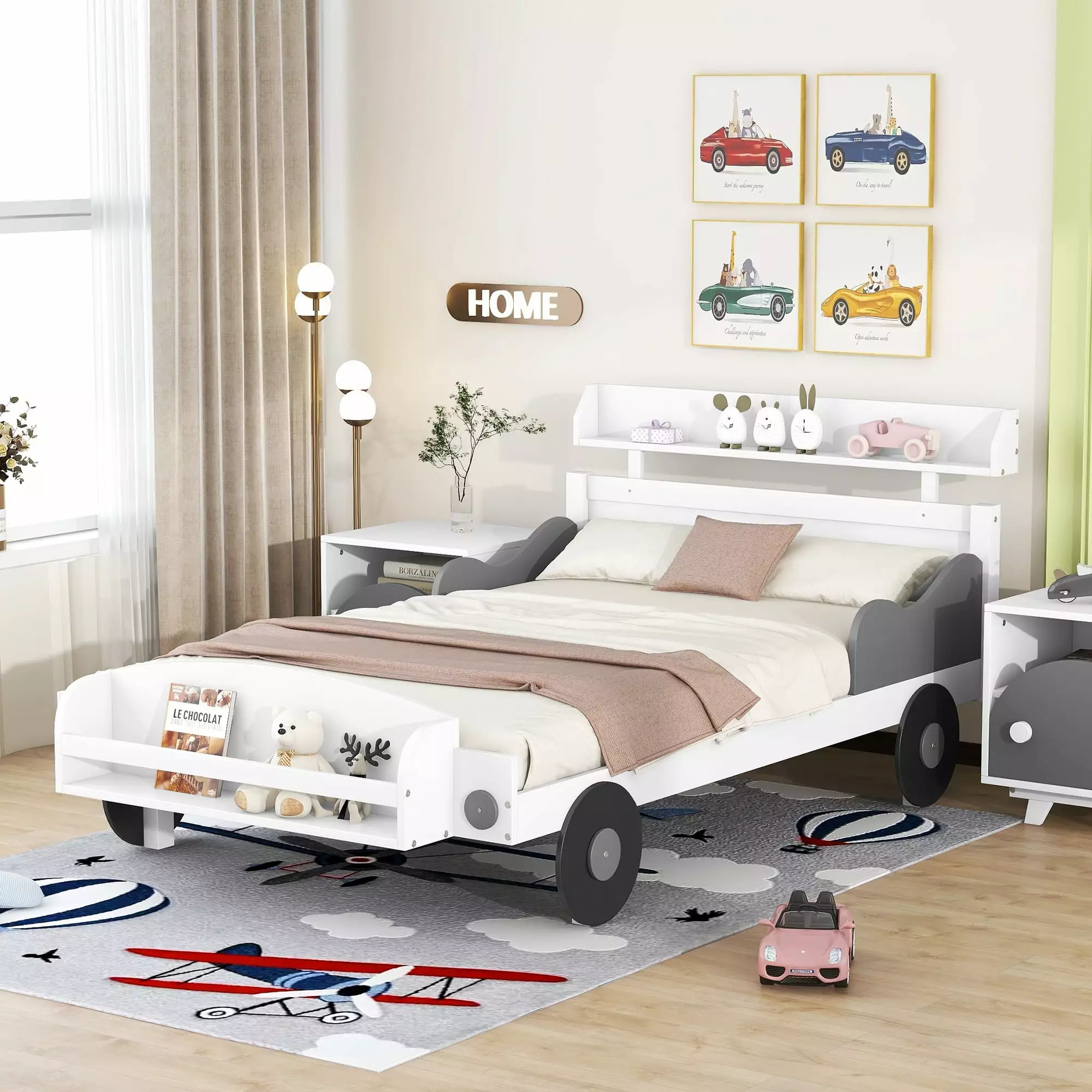White Twin Race Car-Shaped Platform Bed Storage Shelf Fun Car Bed Frame Kids Bellemave