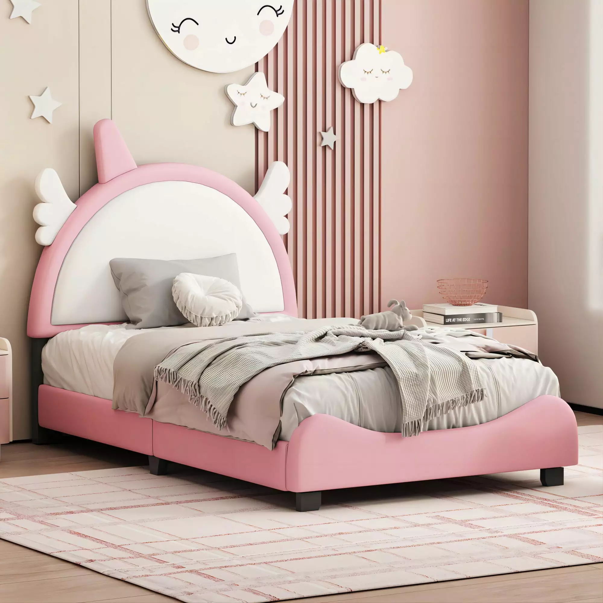 CASEMIOL Twin Bed Frame Unicorn Shape Headboard Upholstered Leather and Wood Platform Bed Pink