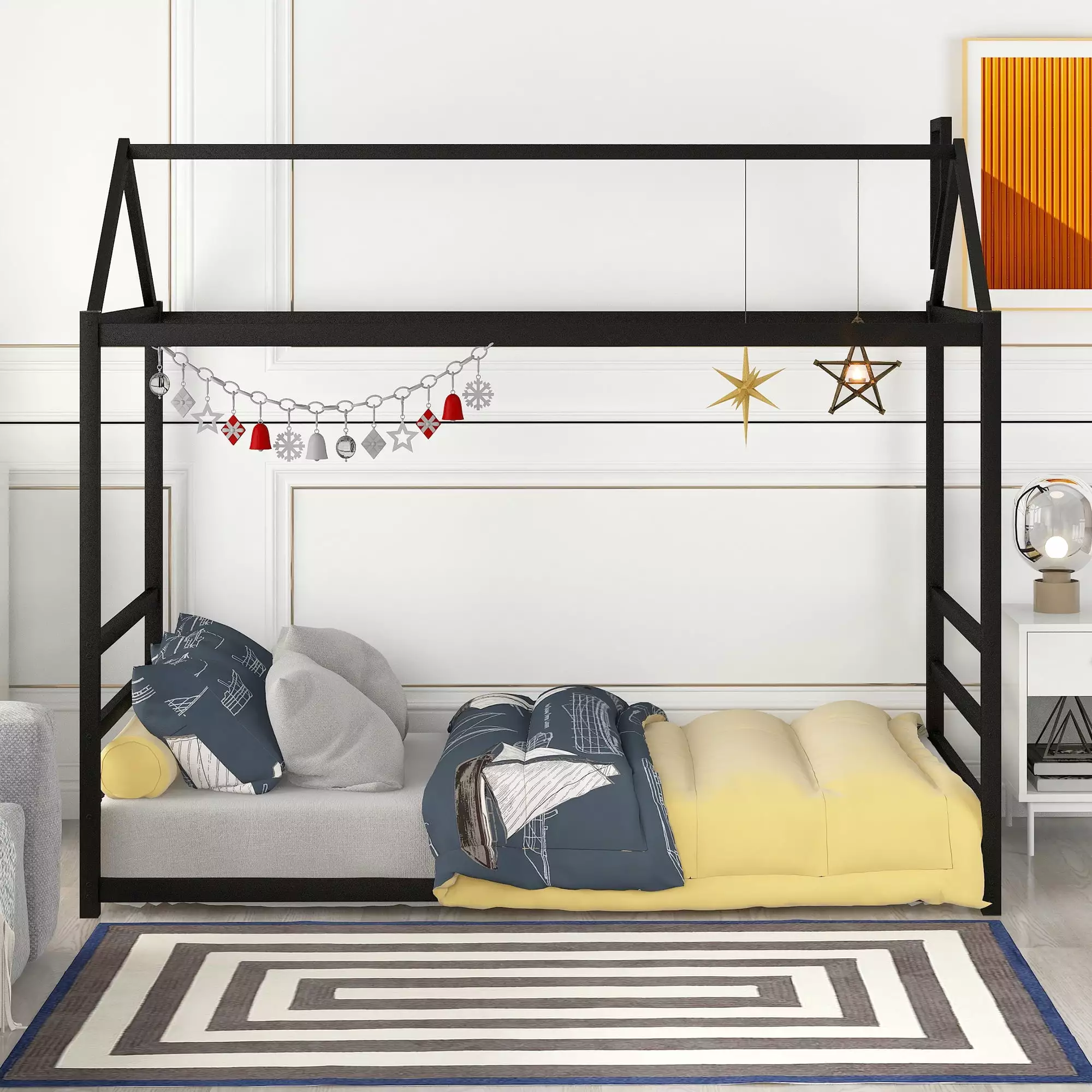 Cfowner Twin Platform Bed Roof and Chimney Design - Multi-Function Kids Bed Frame Black