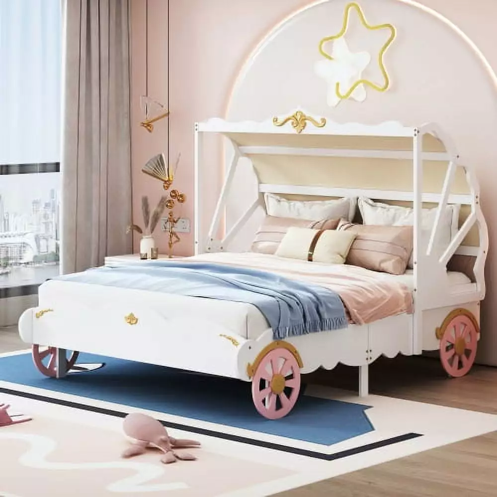 CITYLE Full Princess Carriage Bed Frame Kids Wood Twin Size Platform Bed Car-Shaped Wheels and 3D Carving Pattern Design
