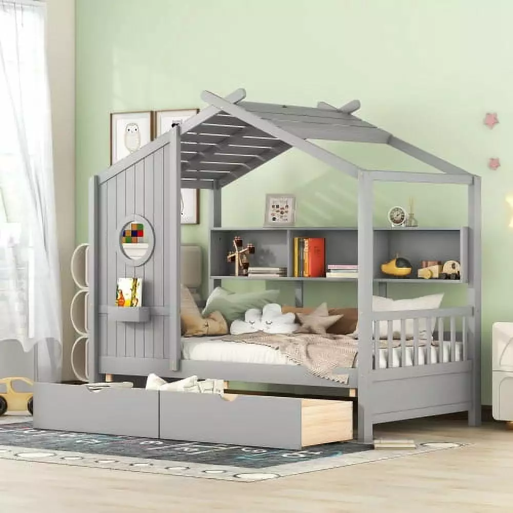 CITYLE Wooden Twin Size House Bed Storage Drawers and Shelf Gray