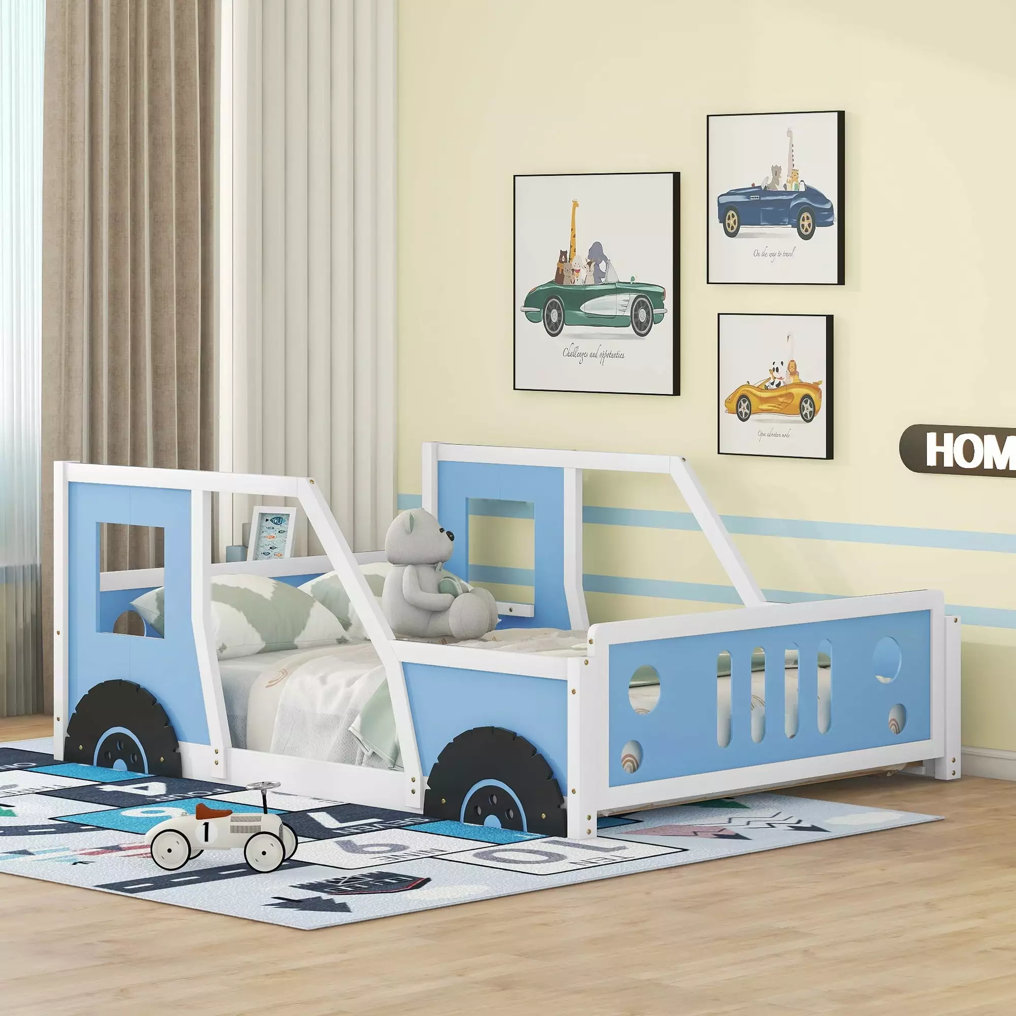Euroco Car-Shaped Full Size Wood Platform Bed Kids' Bedroom Solid Car Bed Kids Gift