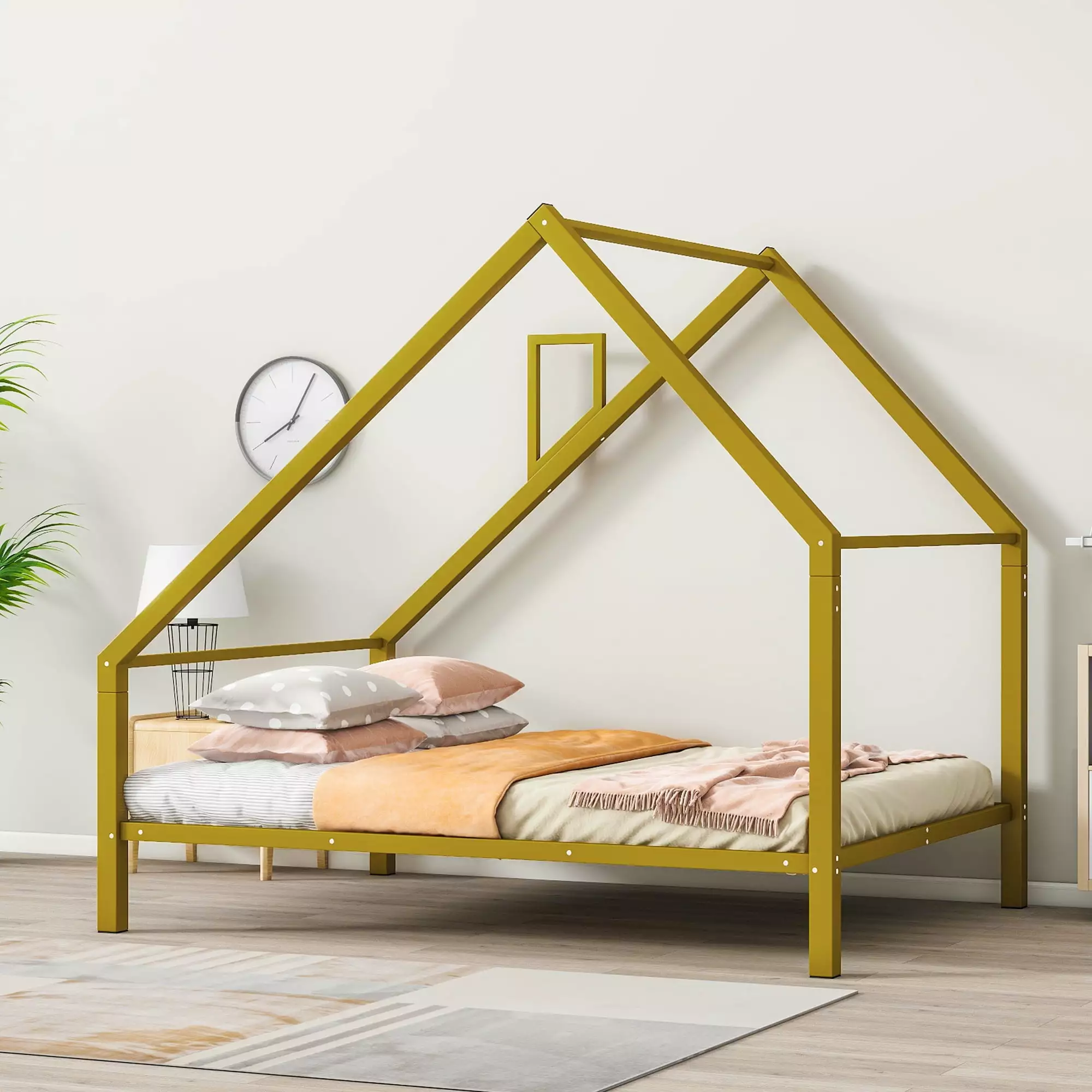 Euroco Metal Full Size Tent Bed Roof Houtilize Bed Kids Gold Playful Bedroom Furniture