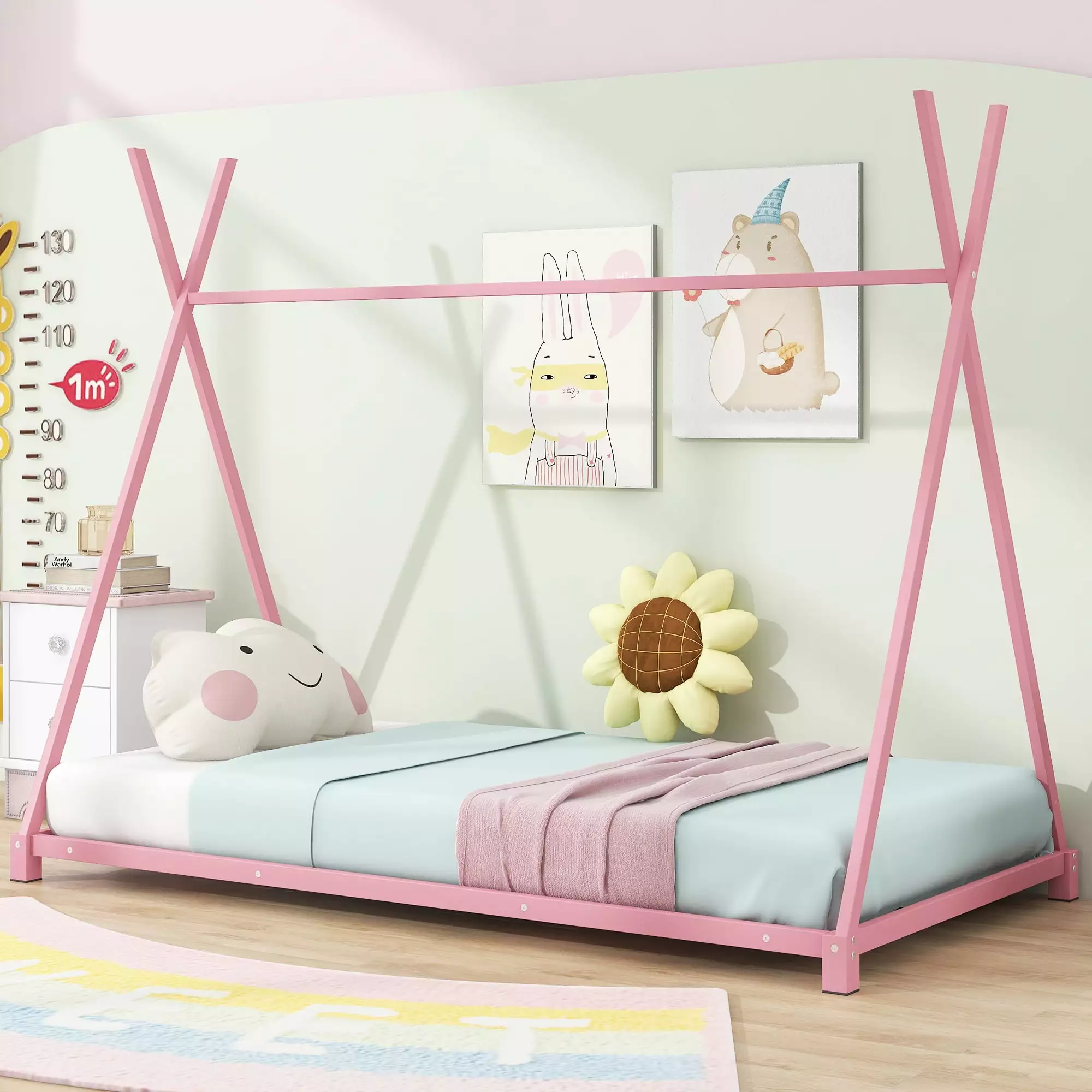 Euroco Metal Tent Bed Frame Twin Size Bed Kids Bedroom Pink