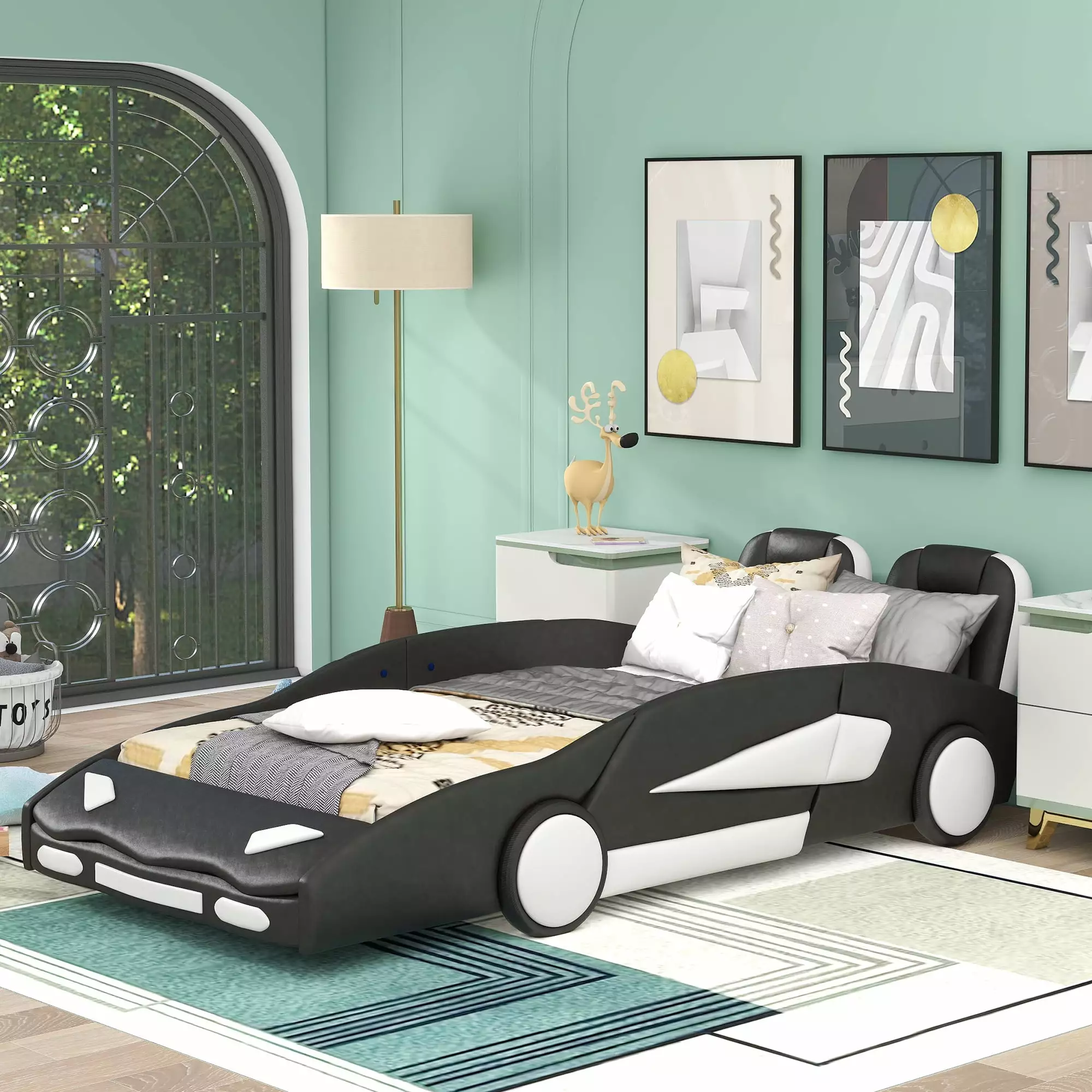 Euroco Modern Wood Race Car-Shaped Twin Platform Bed Kids' Bedroom Upholstery PU Leather Car Bed