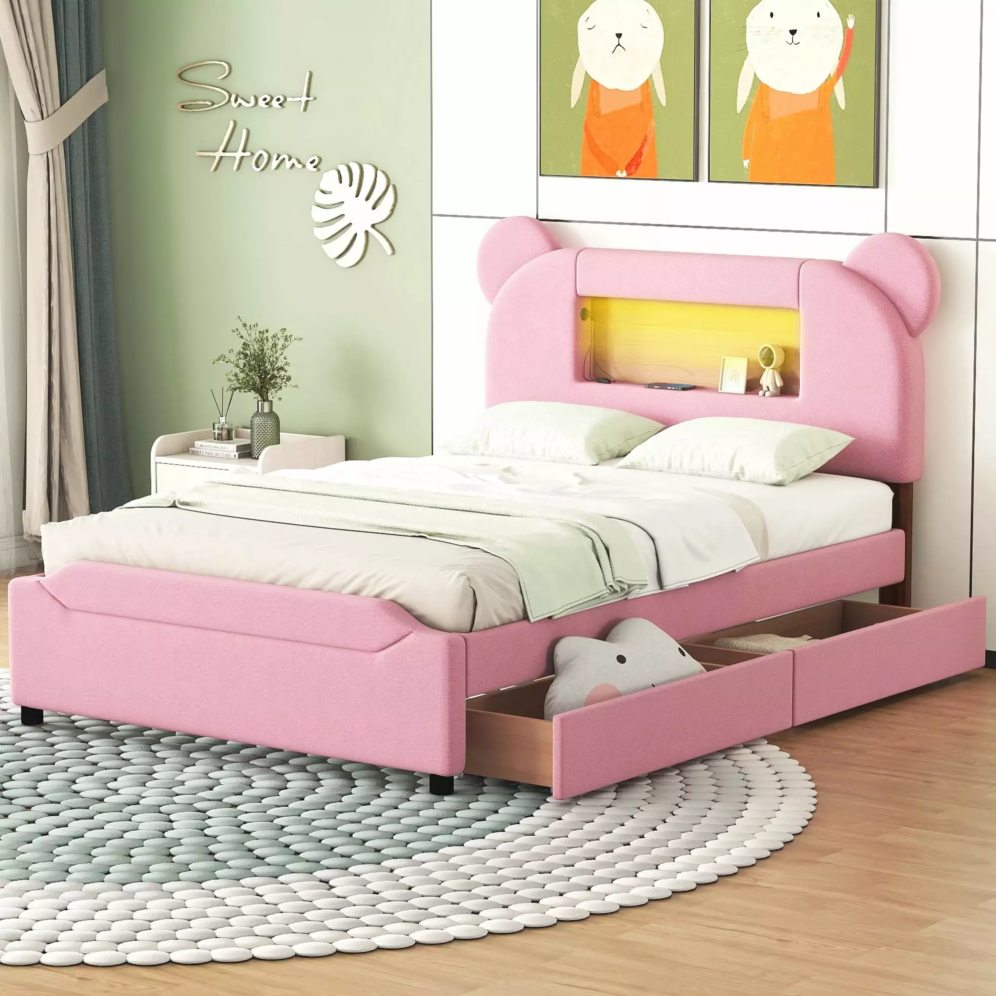 Euroco Upholstered Full Cartoon Bed LED Light and USB Charging - Pink Platform Bed 2 Drawers