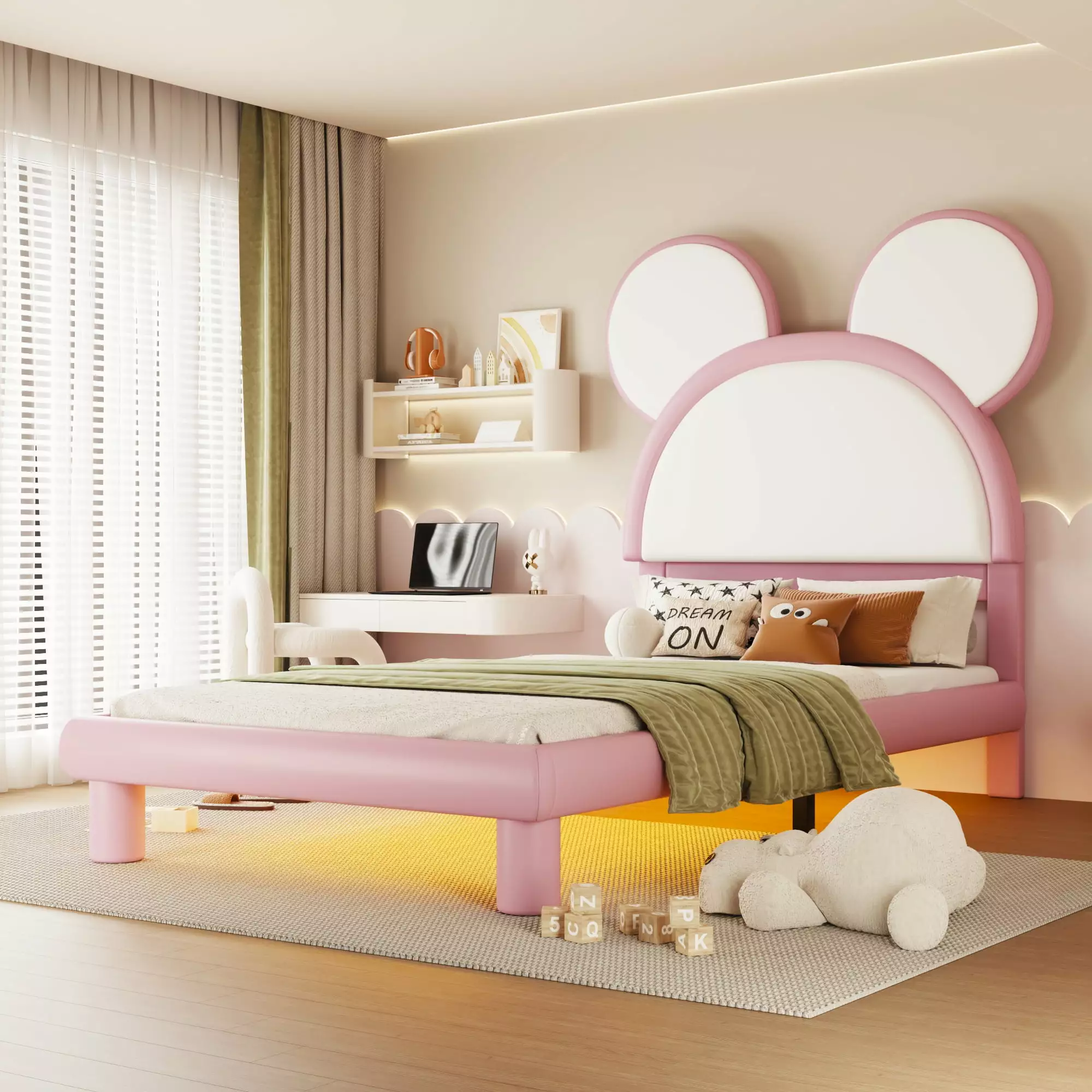 EUROCO Upholstered Twin Size Platform Bed LED Light - PU Leather Cartoon Bunny Shaped Bed Kids Teens Pink