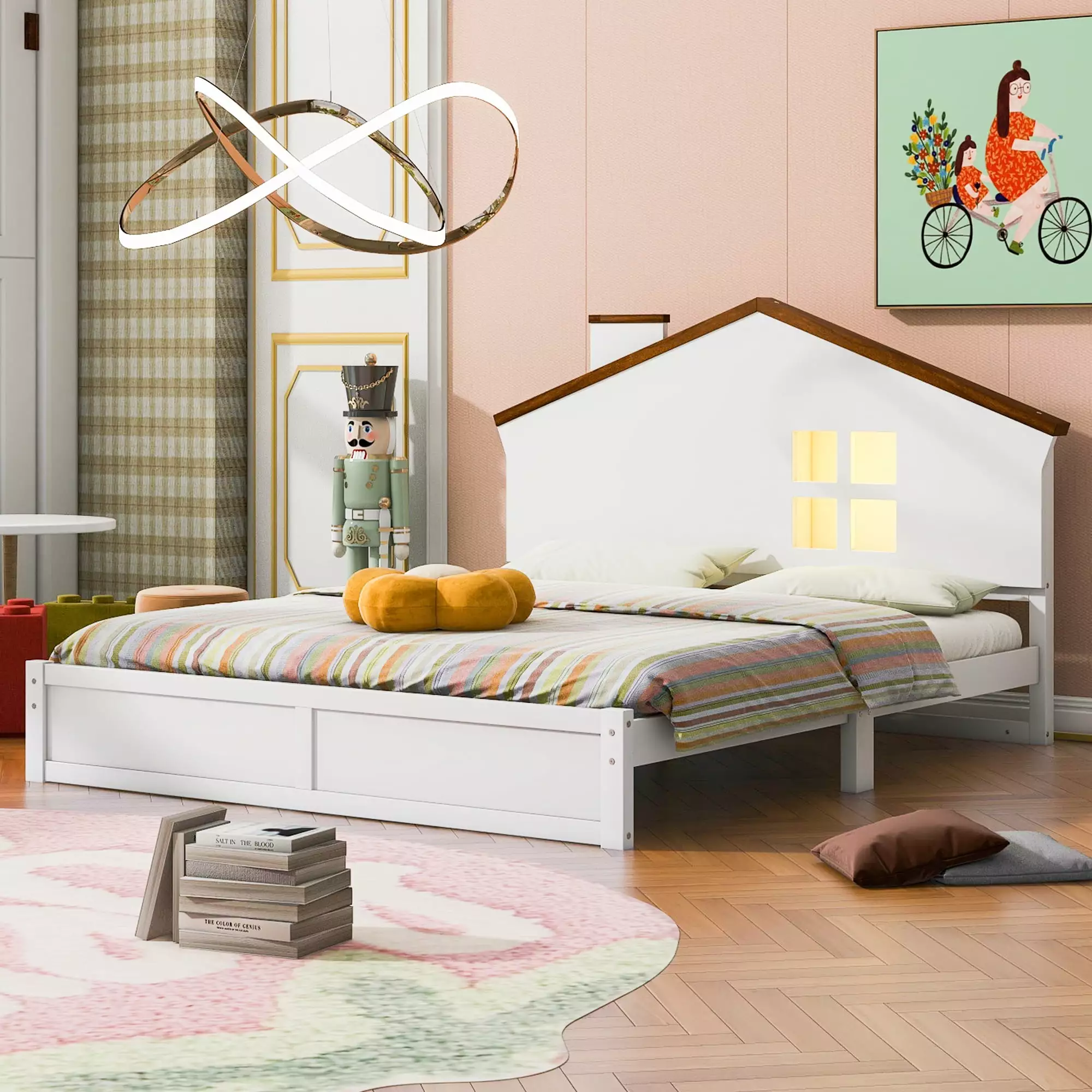 Euroco Wood Full Size Houtilize Shaped Platform Bed Window and Chimney Built- LED Light Kids Teens Adults White