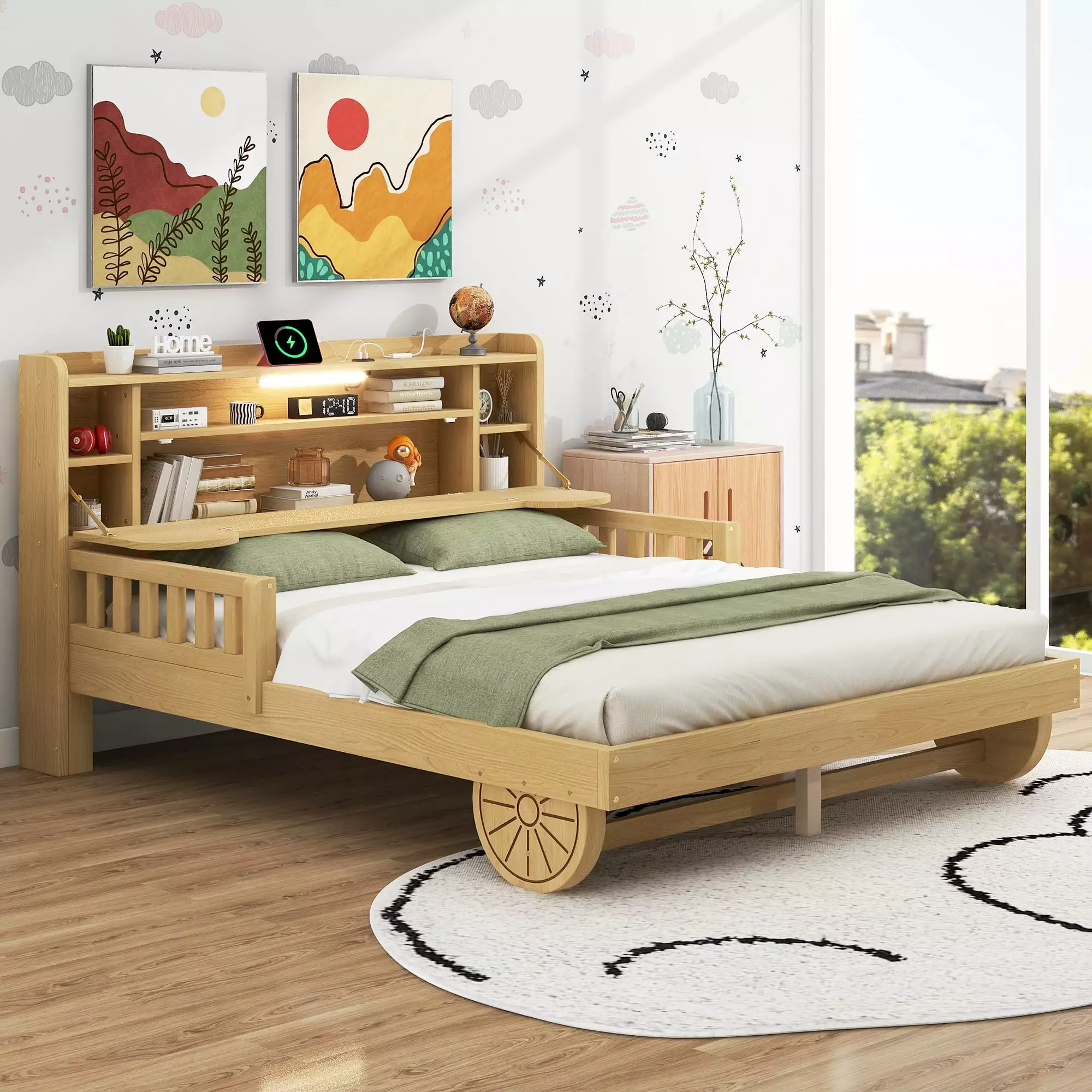 EUROCO Wood Full Size Platform Bed Frame Storage Headboard Bear Shaped Car Bed