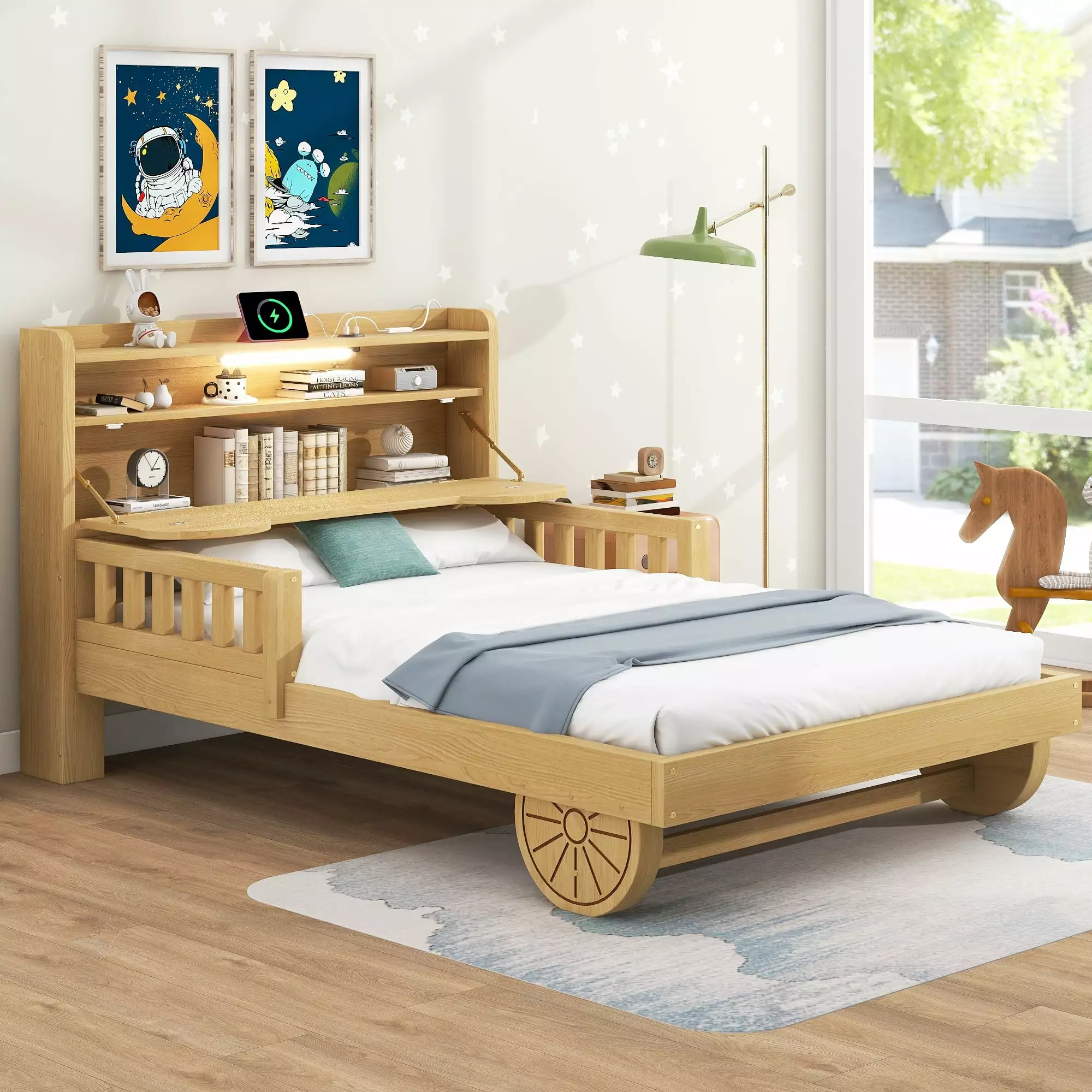 EUROCO Wood Twin Size Platform Bed Frame Storage Headboard Bear Shaped Car Bed LED Light and USB Charging Station
