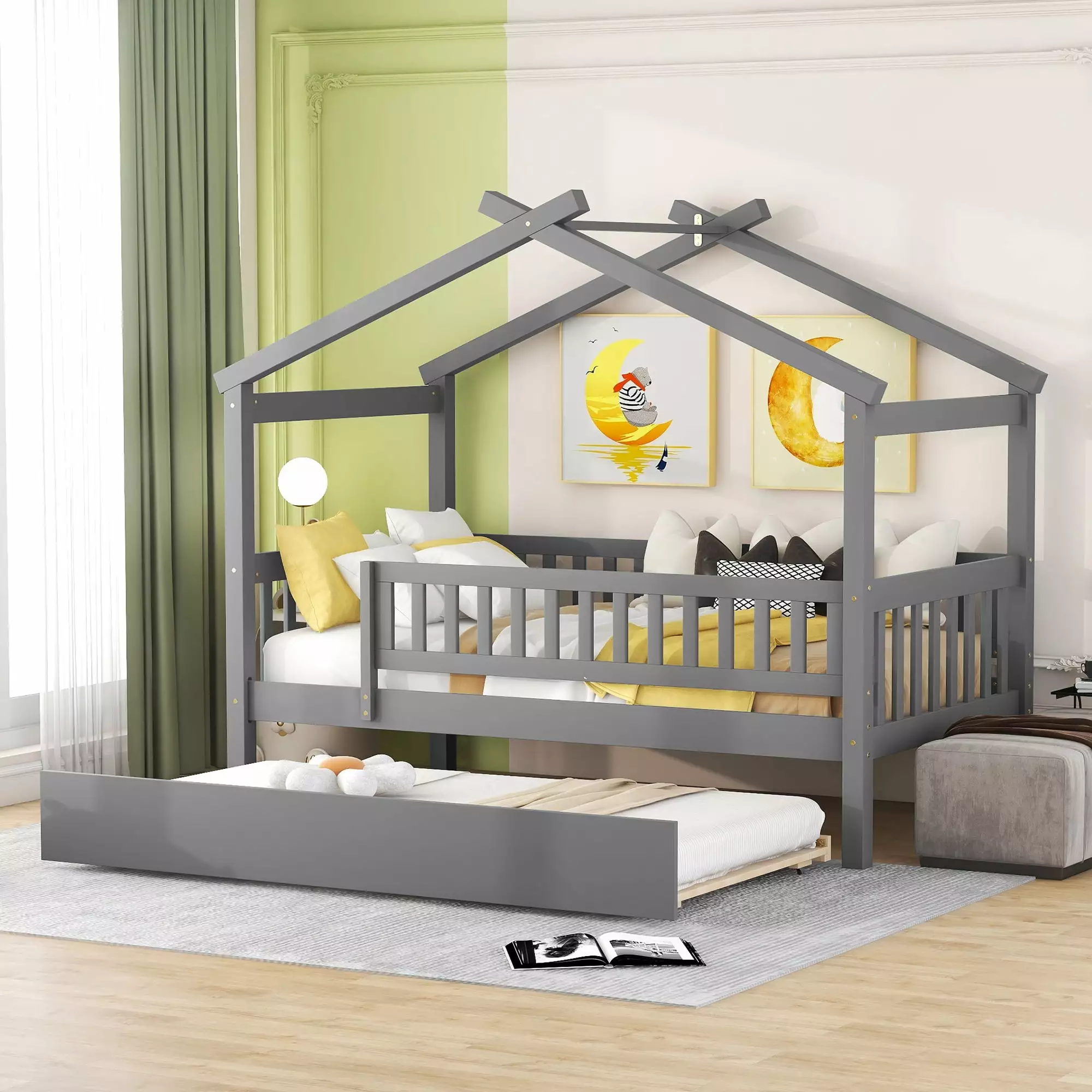 Gewnee Pine Wood Twin Size Houtilize Bed Trundle and Roof Kids Gray