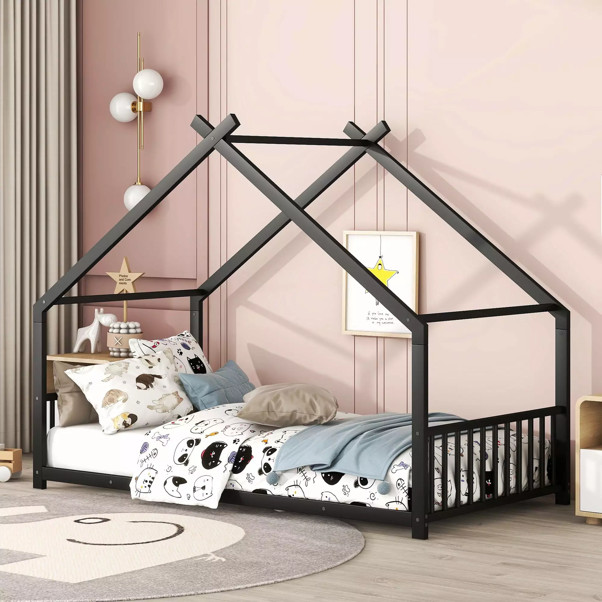 Gewnee Twin Size Houtilize Bed Roof and Fence Metal Platform Bed Kids' Bedroom Black
