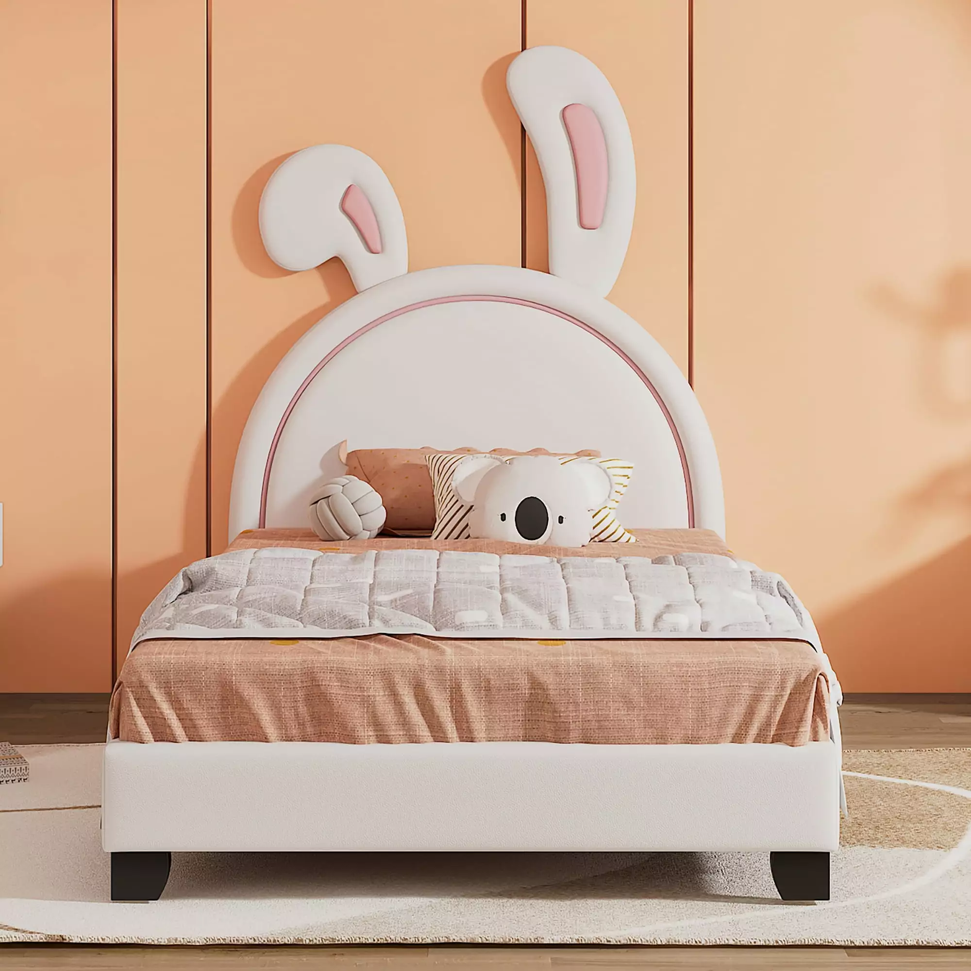 HSUNNS PU Leather Twin Bed Frame Rabbit Headboard - Wood Platform Bed Girls Boys Teens - White