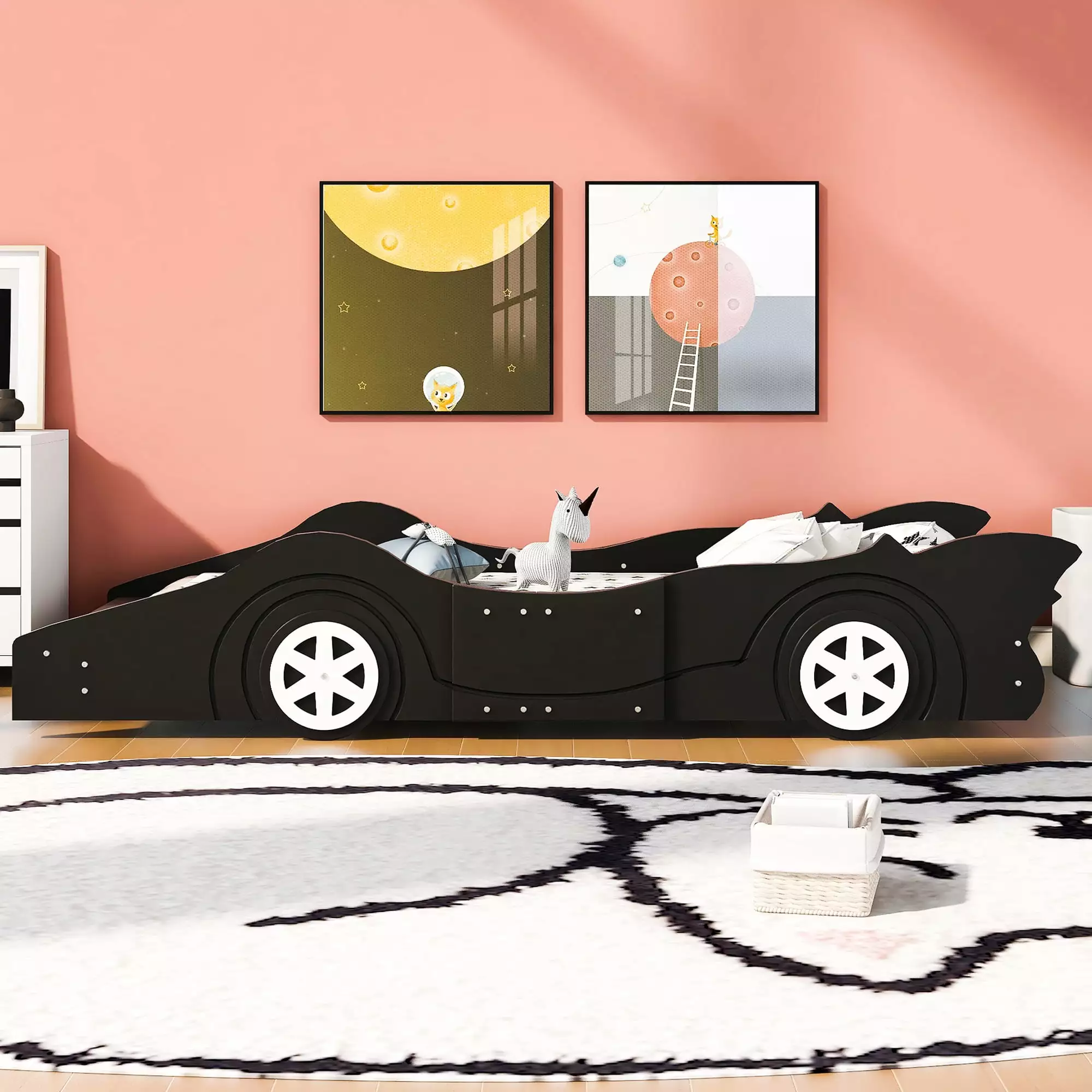 HSUNNS Twin Size Kids Race Car Platform Bed Wheels and Safety Rails Black