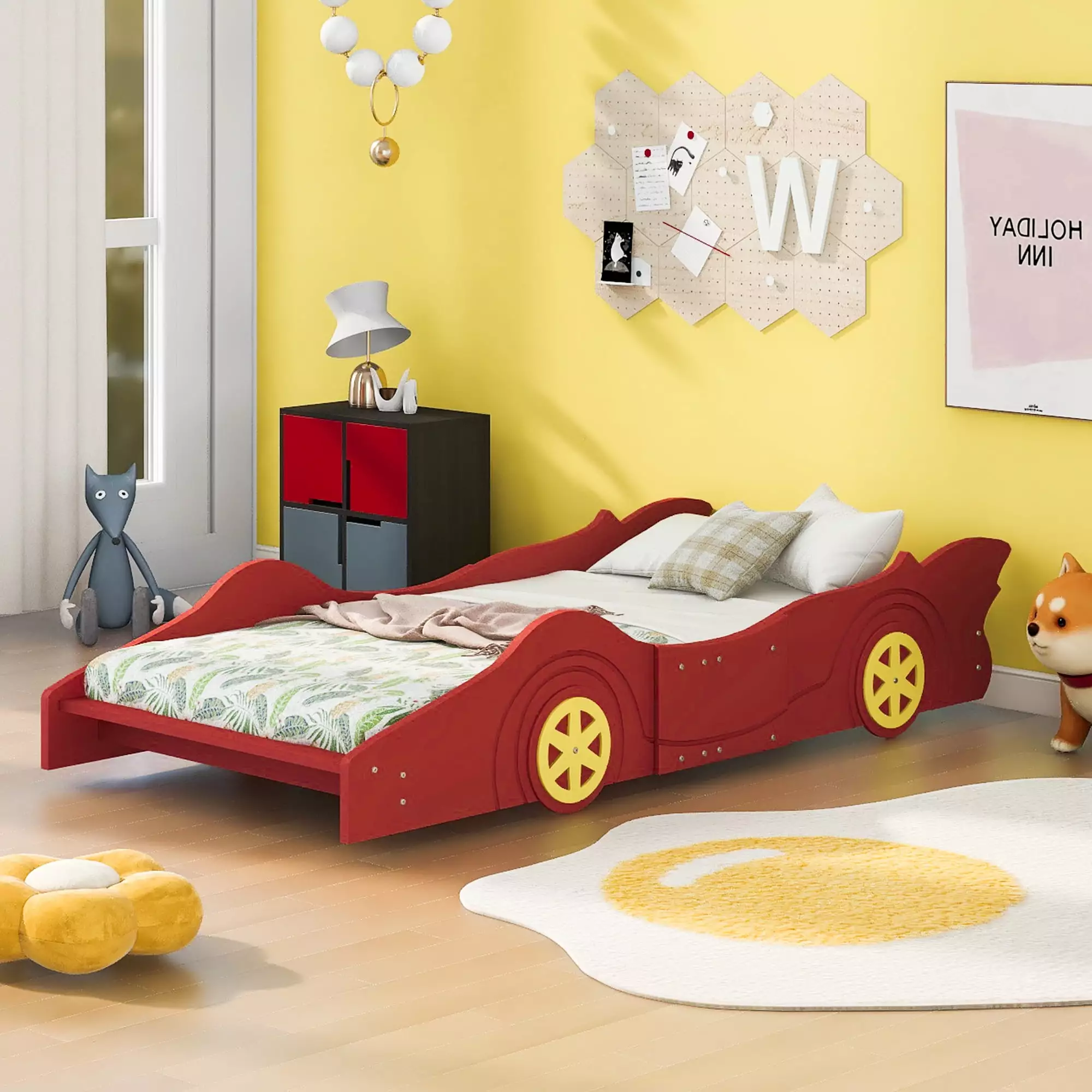 iRerts Twin Size Race Car Bed Frame Wheels Wood Platform Bed Kids Boys Girls Red