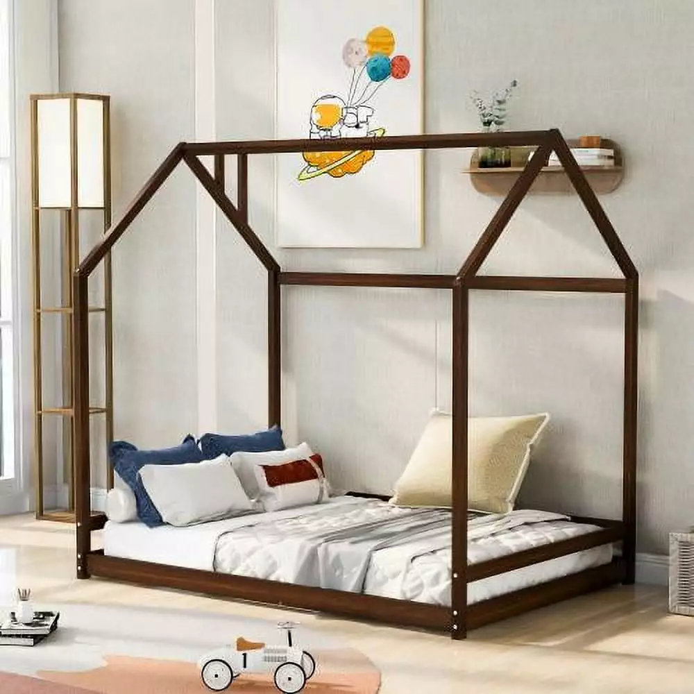 JINS&VICO Full Size Houtilize Bed Wood Bed Roof And Chimney Kids Bedroom Espresso JINS & VICO