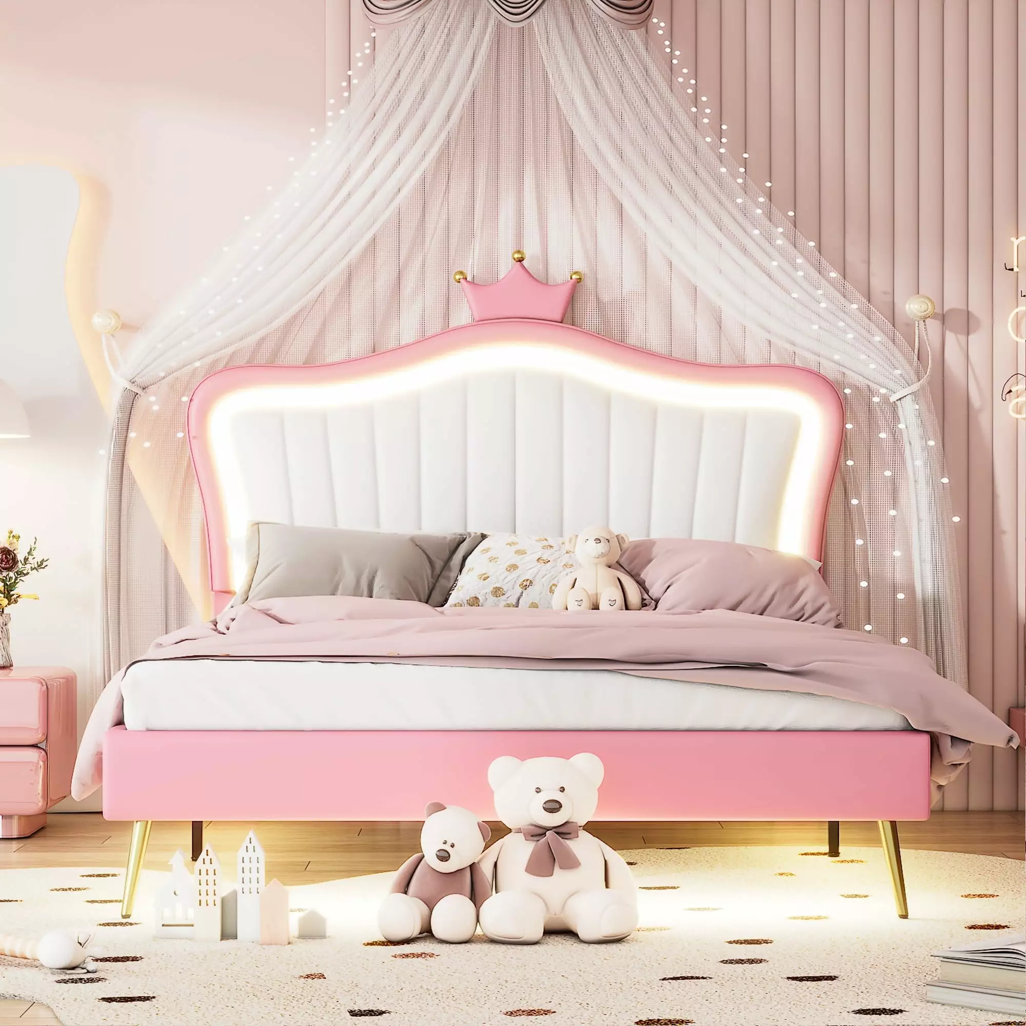 Kumix Upholstered Queen Princess Bed LED Lights - Crown Headboard Platform Bed Girls