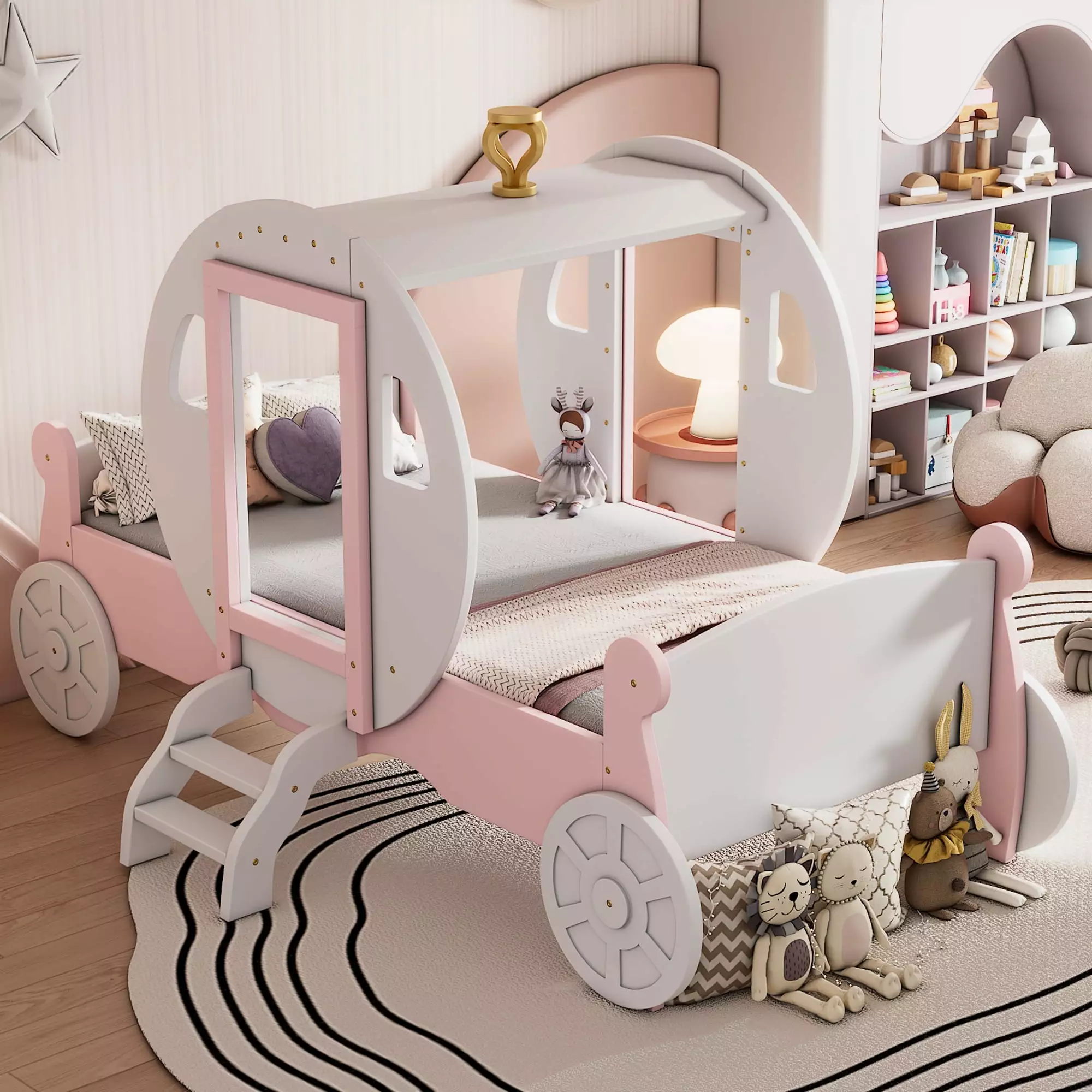 Twin Princess Carriage Bed Crown and Wheels - Canopy Bed Girls White and Pink Leadbon