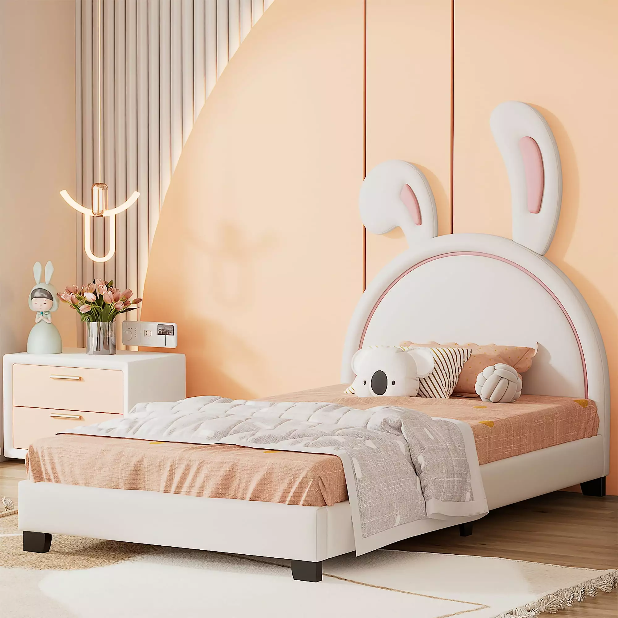 Leumius Twin Size PU Leather Platform Bed Bunny Ears Headboard White