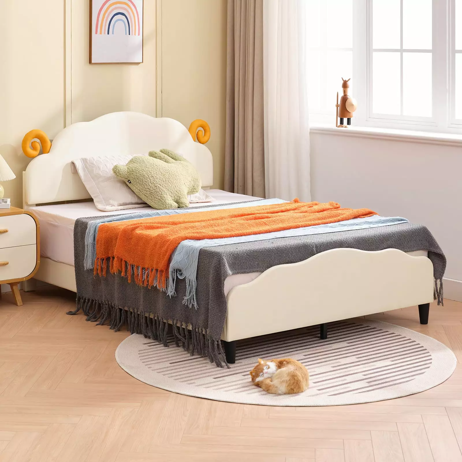 MUZZ Twin Size Kids Bed Frame Sheep Shaped Headboard Beige