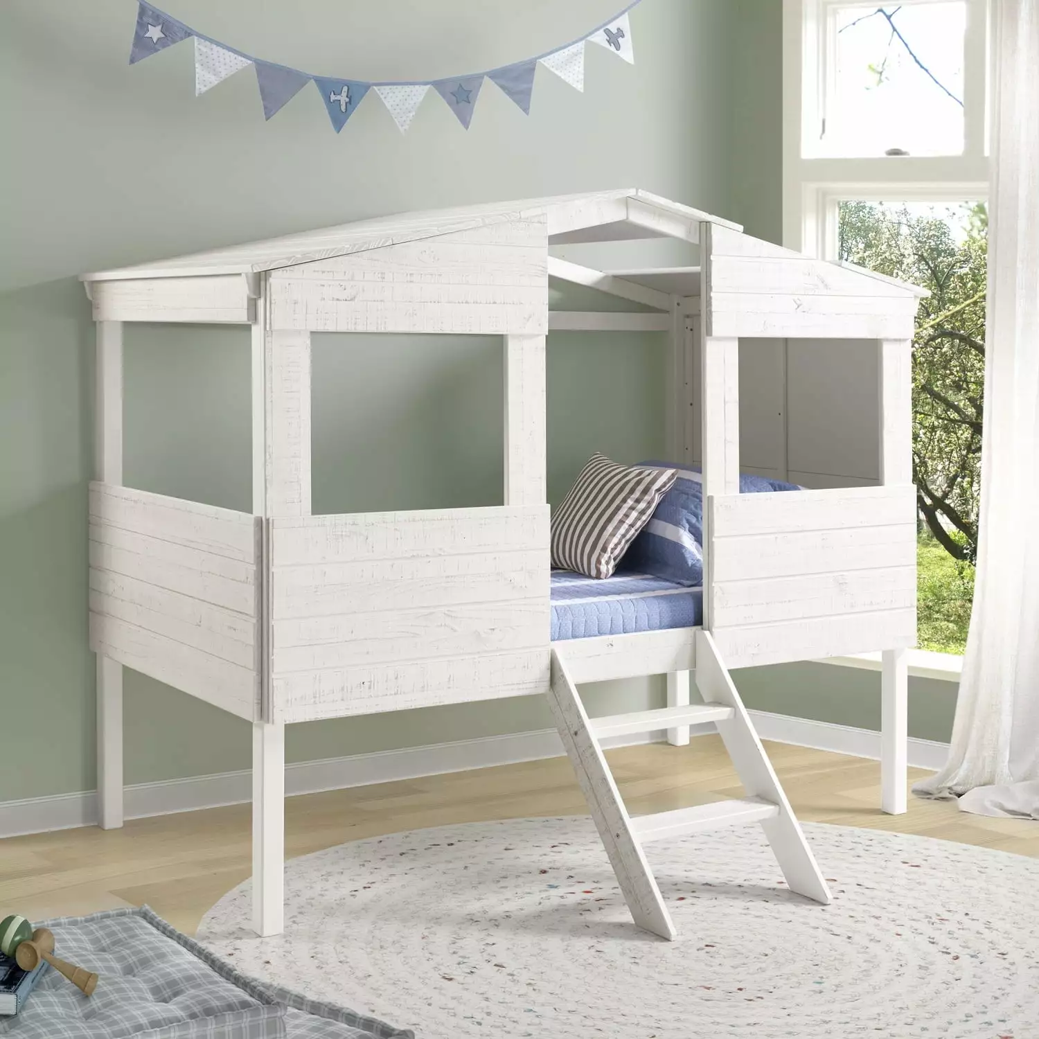 Susie Full Size Cabana Style Solid Pine Wood Toddler Bed Front Windows and Roof - Loft Bed Guard Rails - Sand Naomi Home