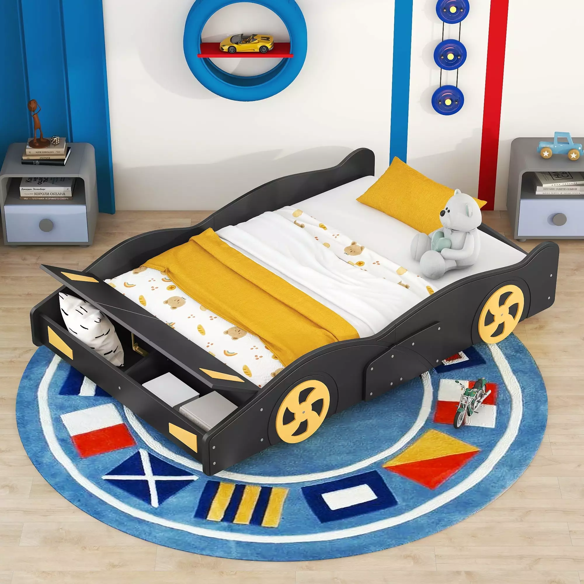 Nestfair Full Size Race Car Platform Bed Wheels and Storage Black