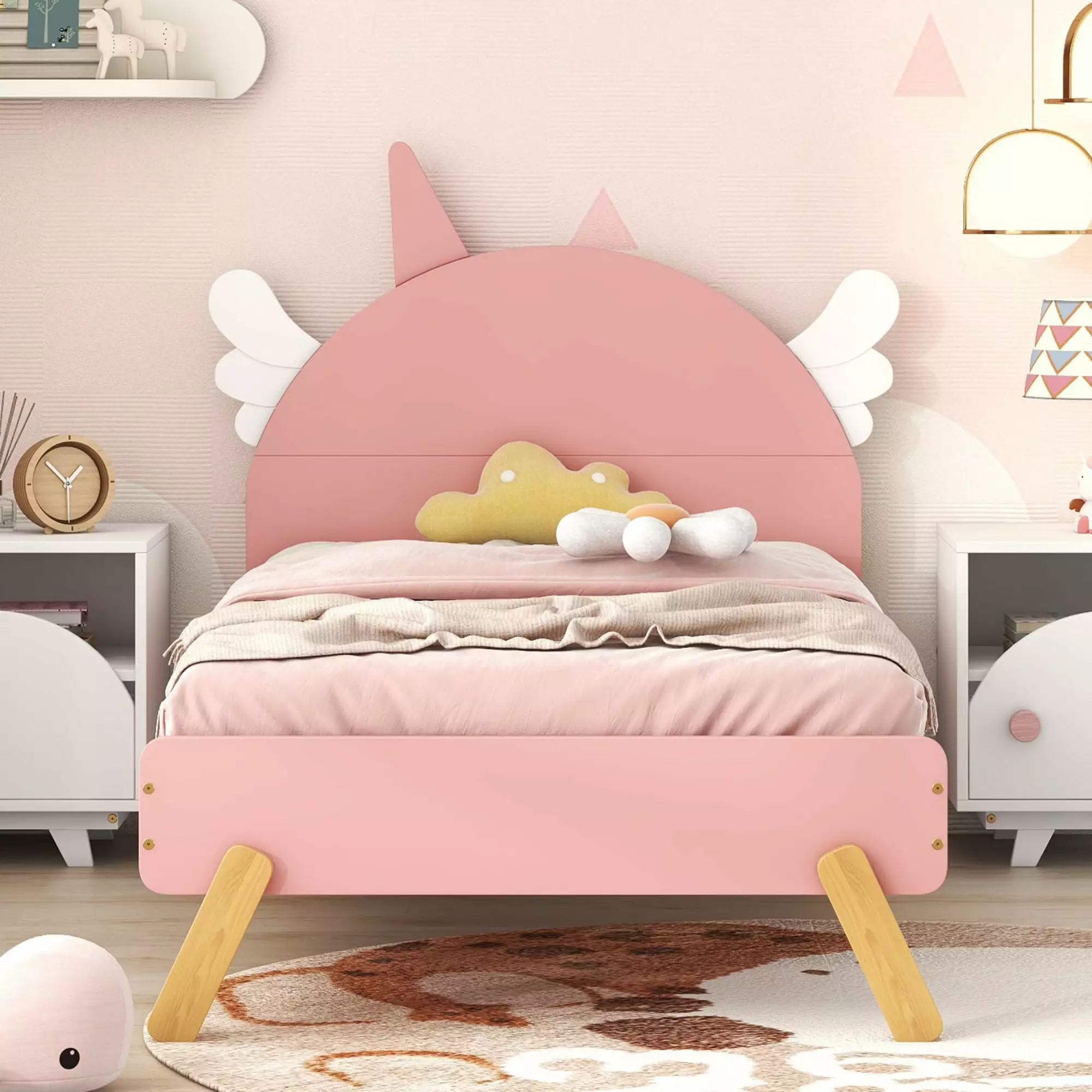 Sesslife Twin Bed Frame Kids Cute Wood Platform Bed Unicorn Shape Headboard Lovely Twin Size Bed Wooden Slats Support Pink